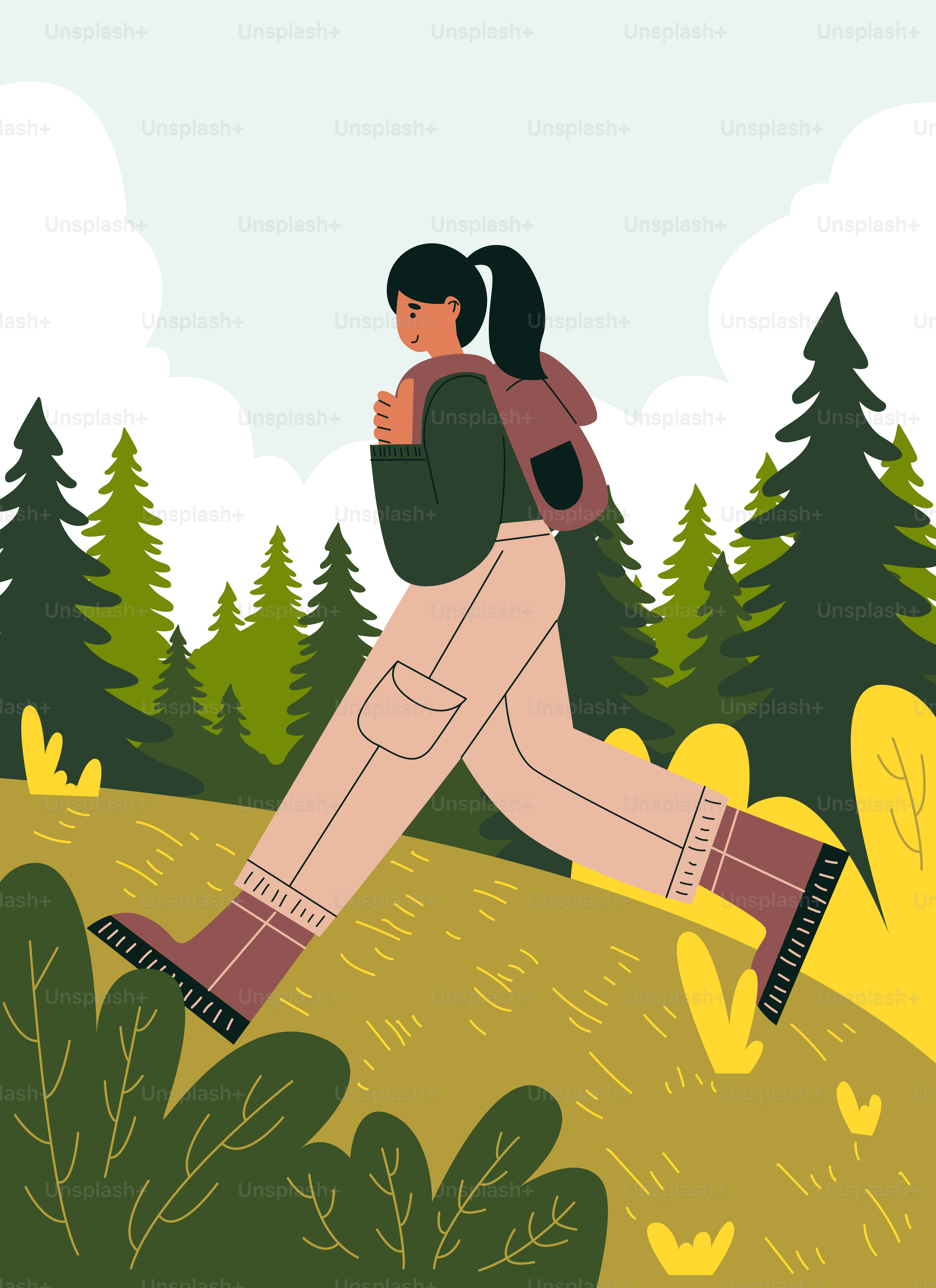 リュックサックを背負った女性が森の中を走っています