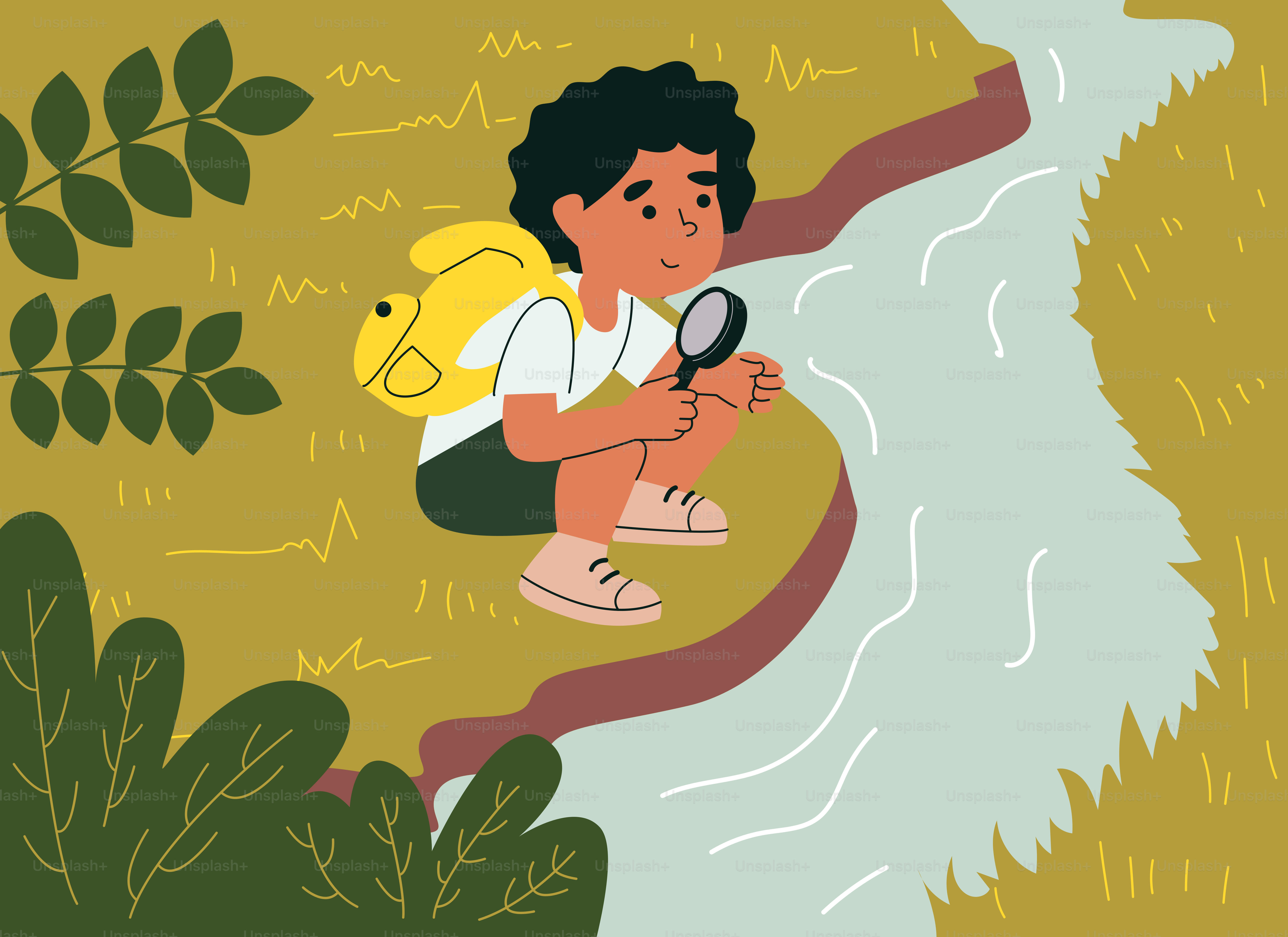 虫眼鏡で魚を見つめる男の子