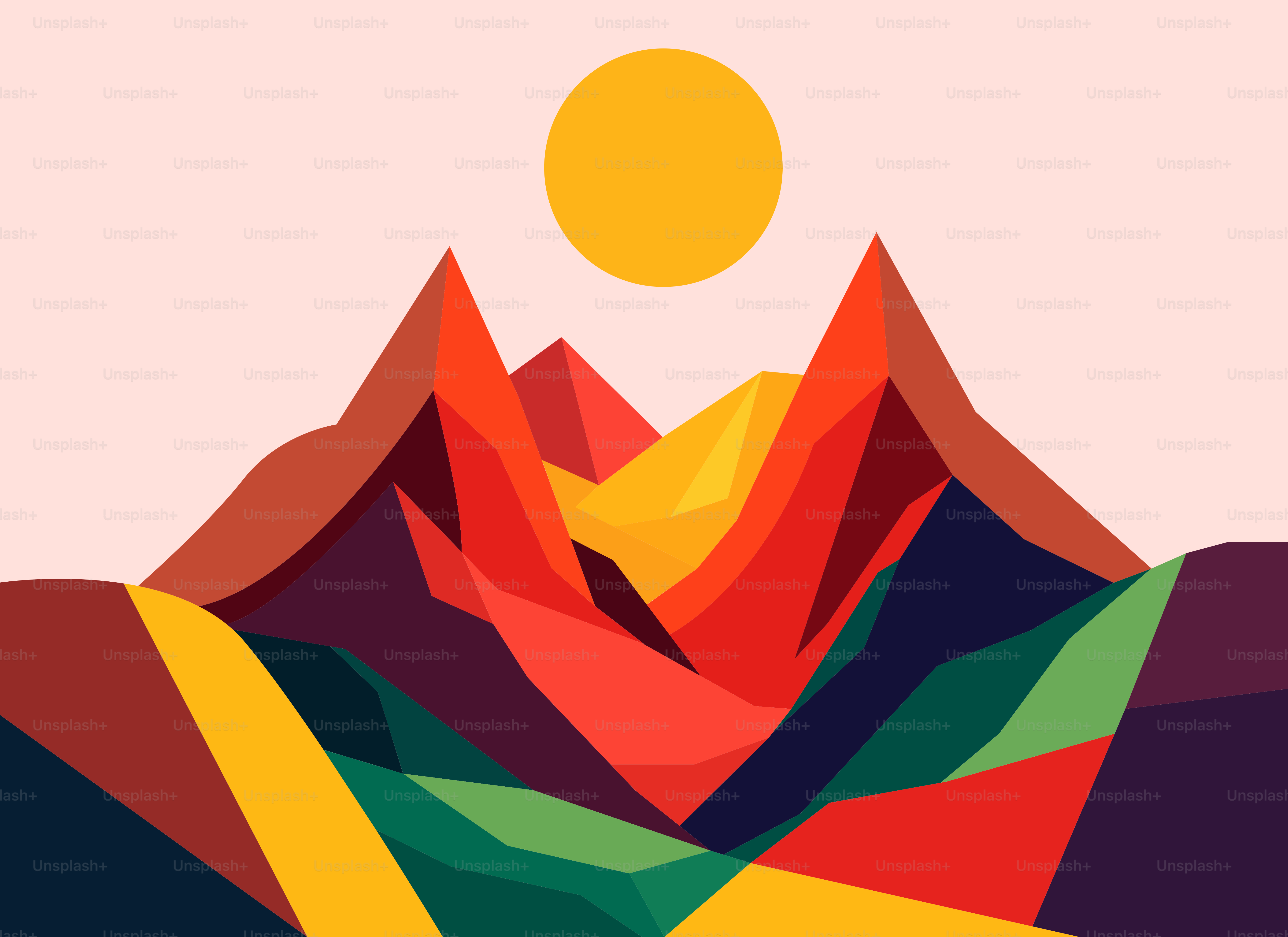 Une montagne colorée avec un soleil en arrière-plan