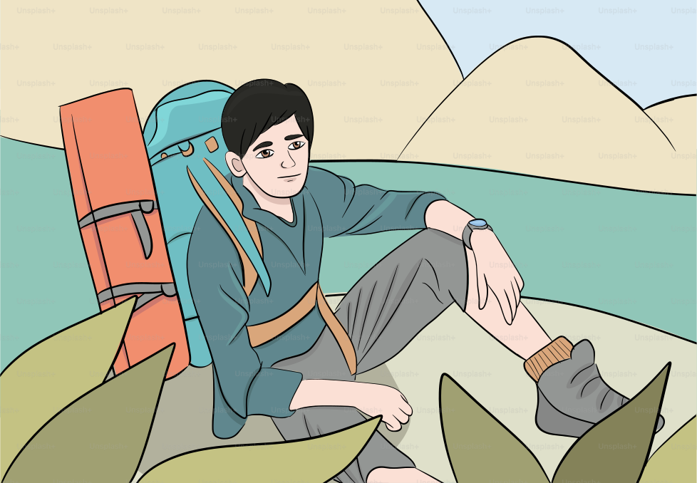 A man sitting on top of a mountain next to a backpack