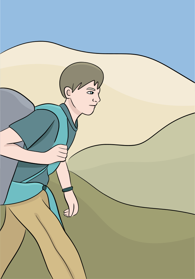 A man with a backpack walking in the mountains