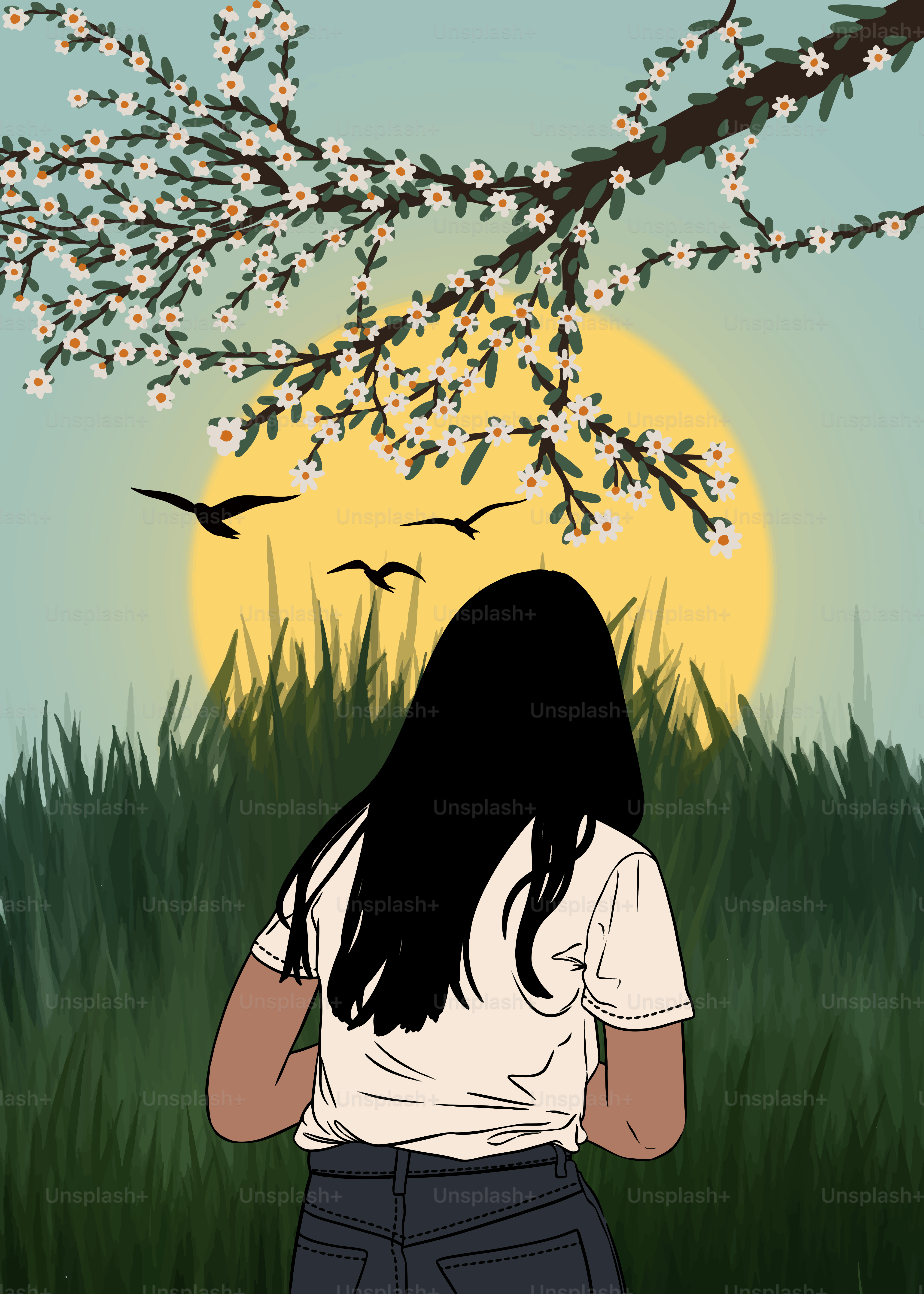 A woman standing in front of a tree with flowers