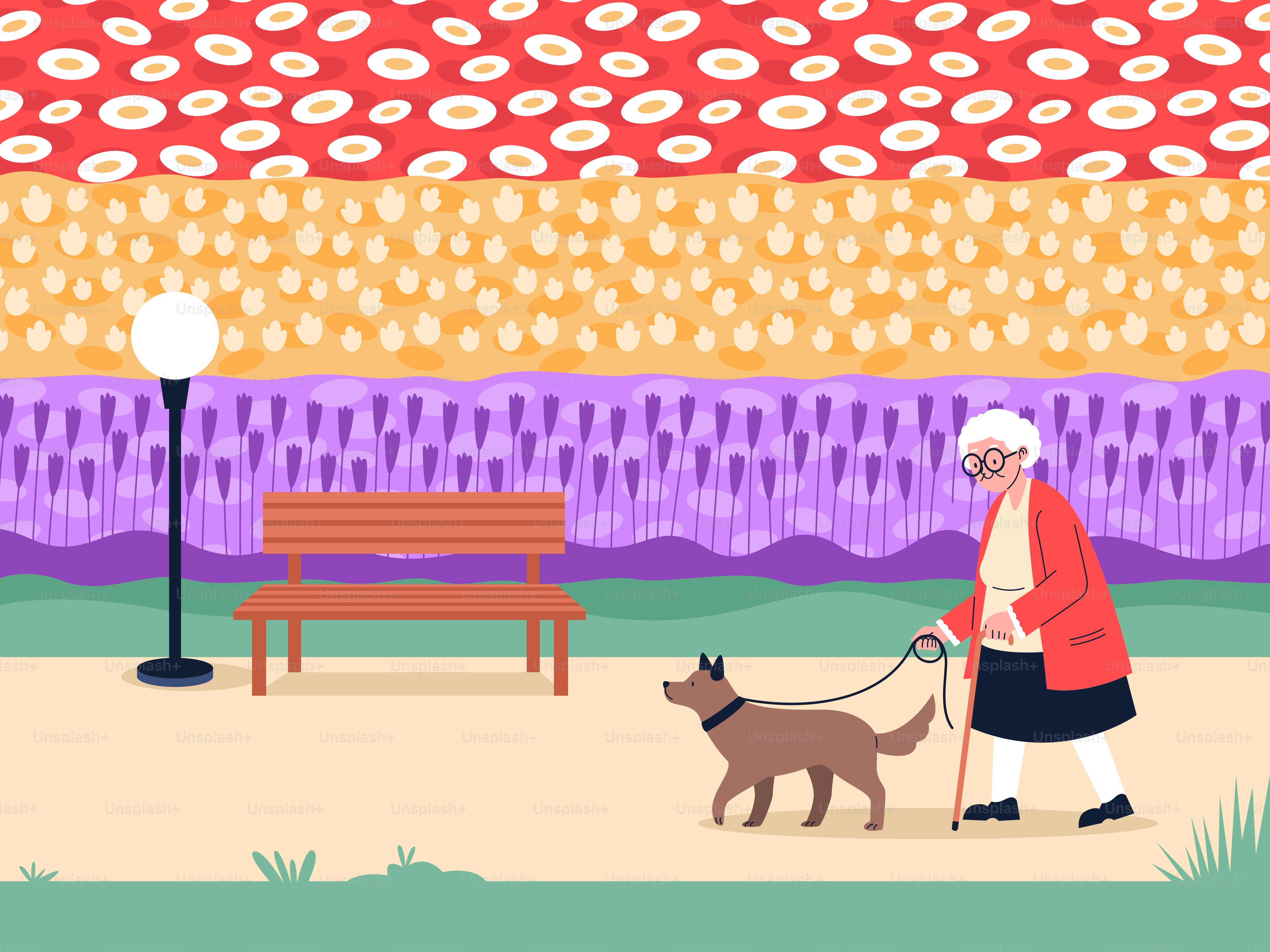 Eine Frau, die in einem Park mit einem Hund spazieren geht