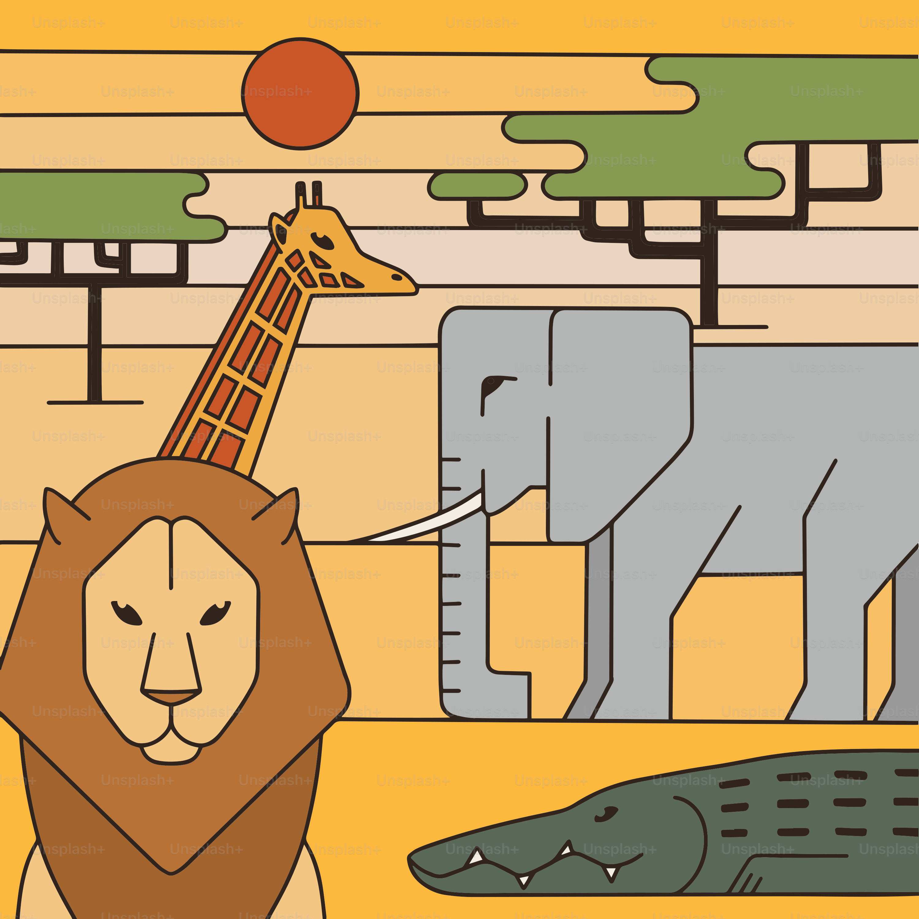 Gambar jerapah, singa, dan buaya