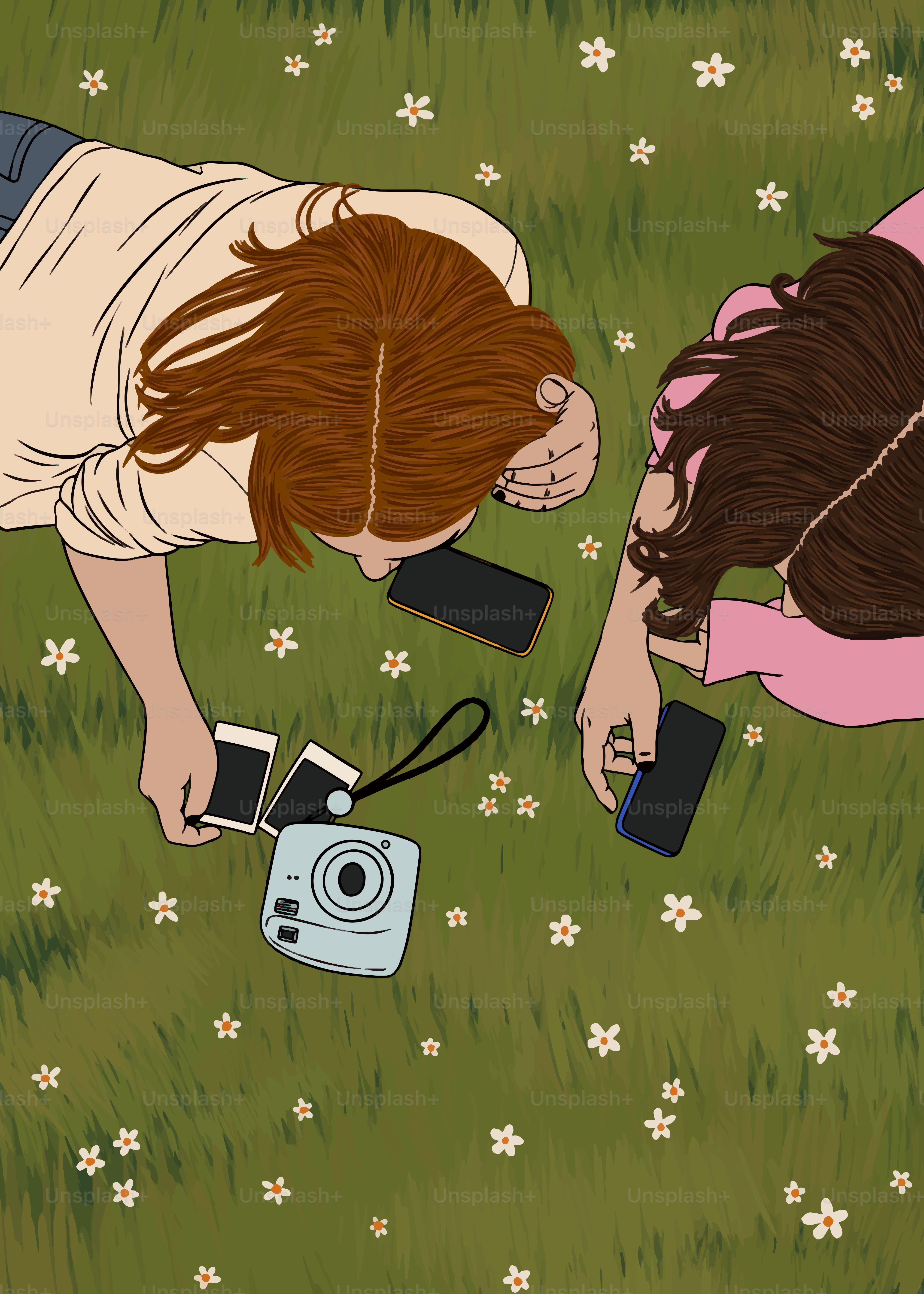 A couple of women laying on top of a lush green field