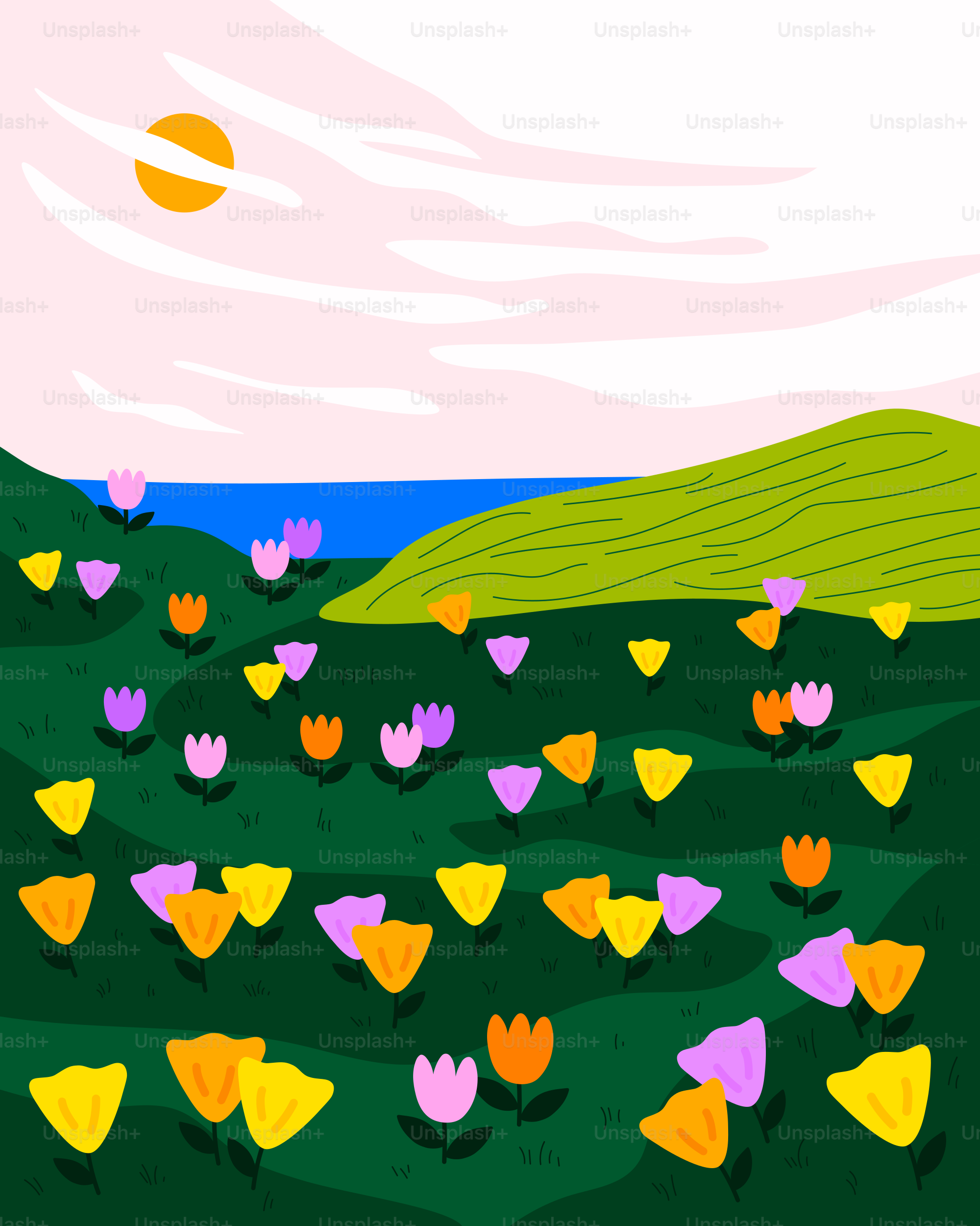 A painting of a field of flowers with a sunset in the background