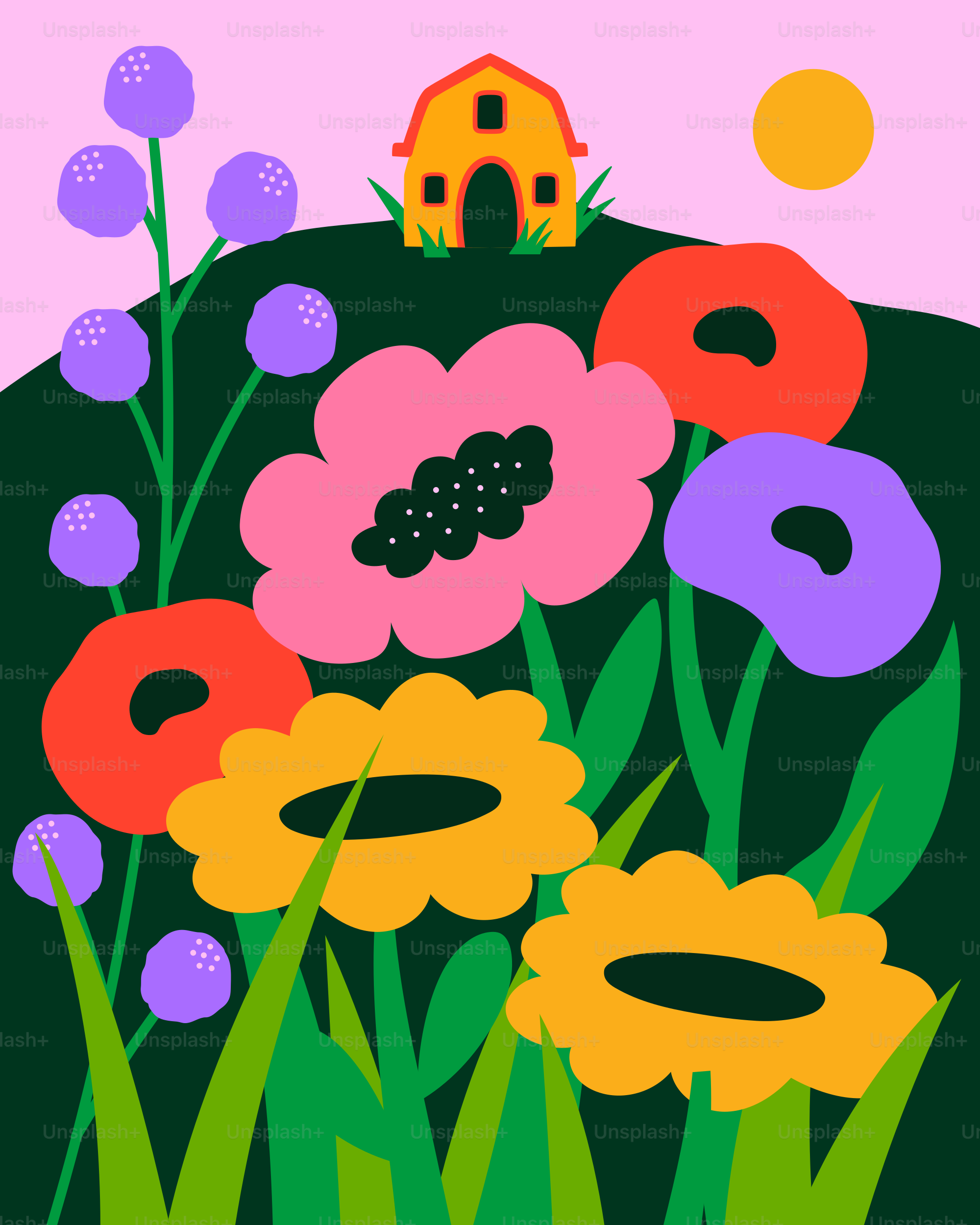 A painting of flowers in a field with a house in the background