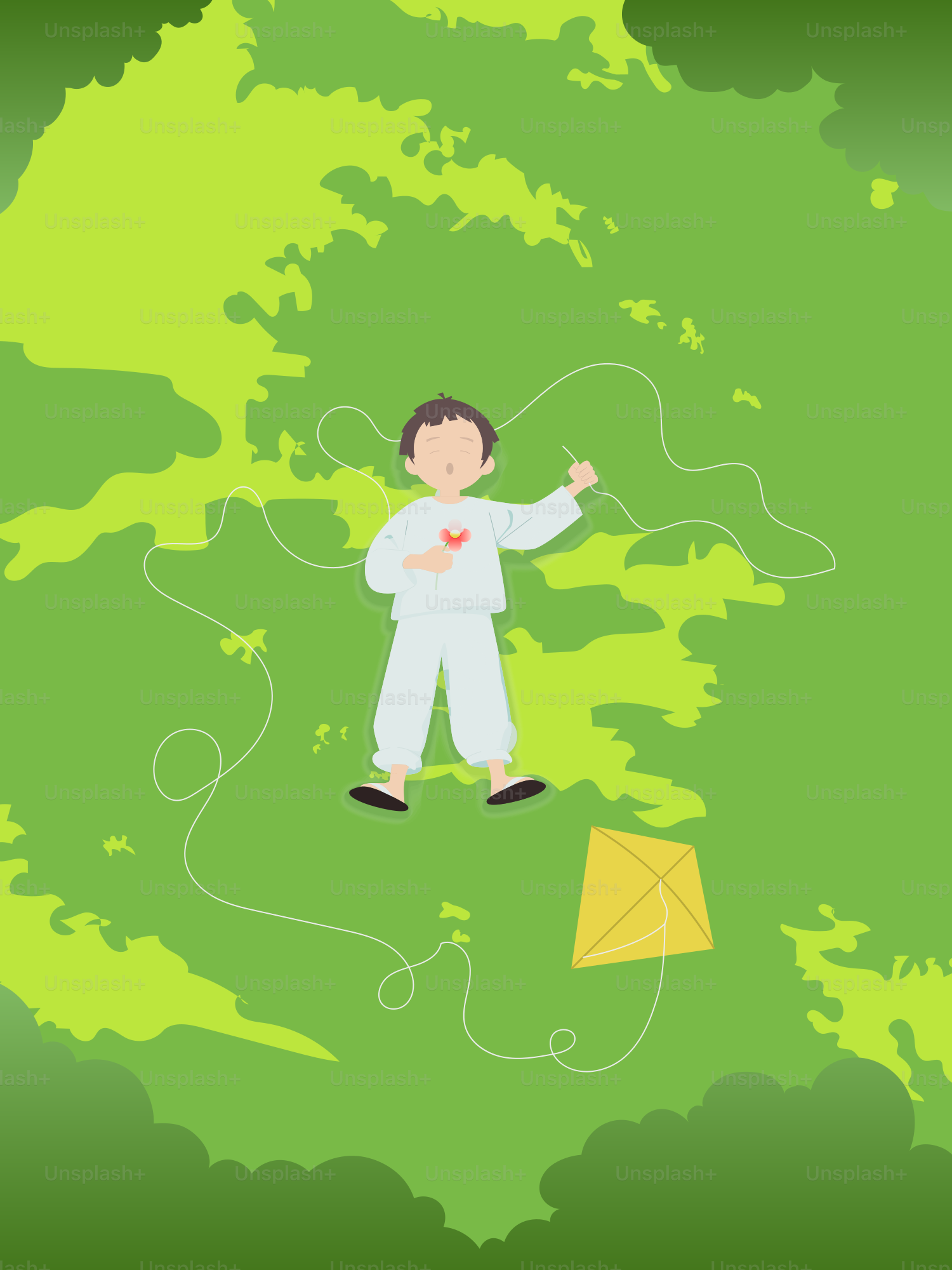 A man flying a kite on top of a lush green field
