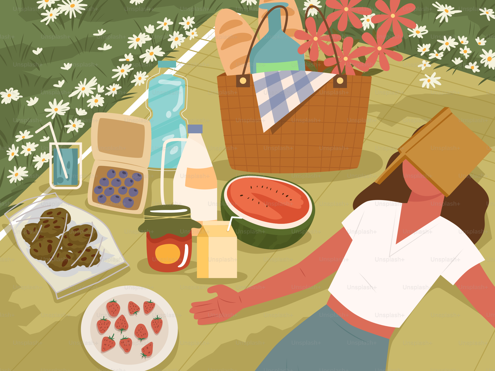 Eine Frau, die an einem Picknicktisch mit Essen sitzt