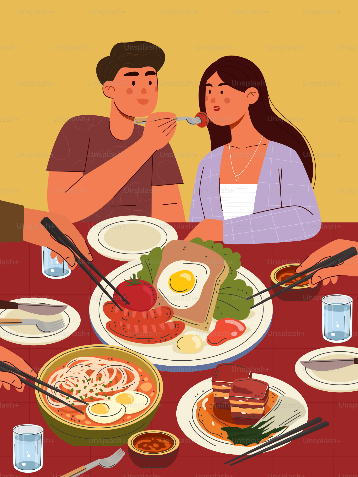 한 남자와 여자가 식탁에 앉아 음식 접시를 들고 있다