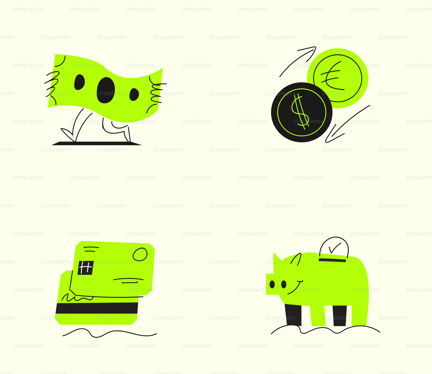 Un set di icone verdi e nere su sfondo bianco