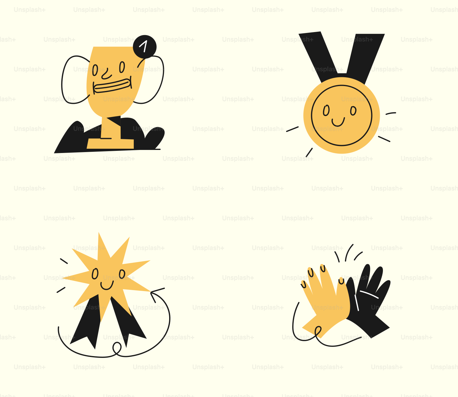 A series of icons depicting a gold medal, a man's hand, a