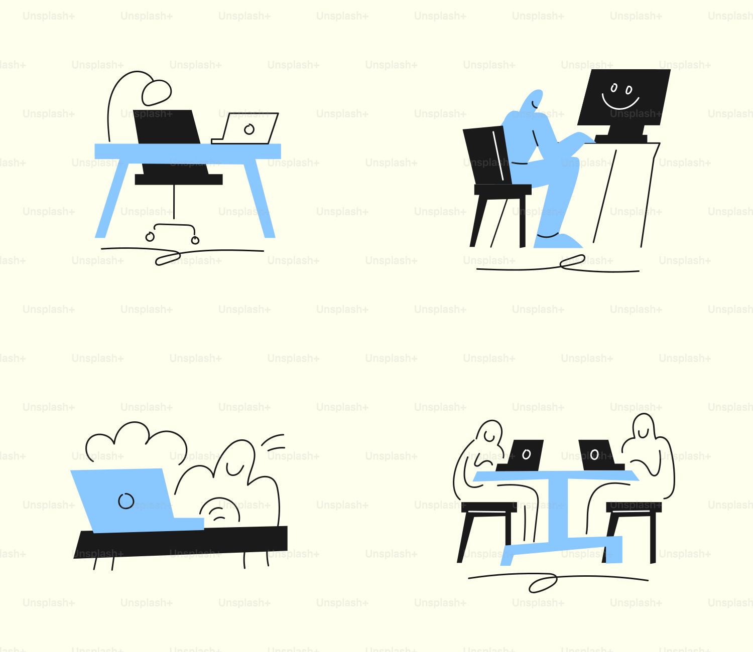 A series of illustrations of a person sitting at a desk