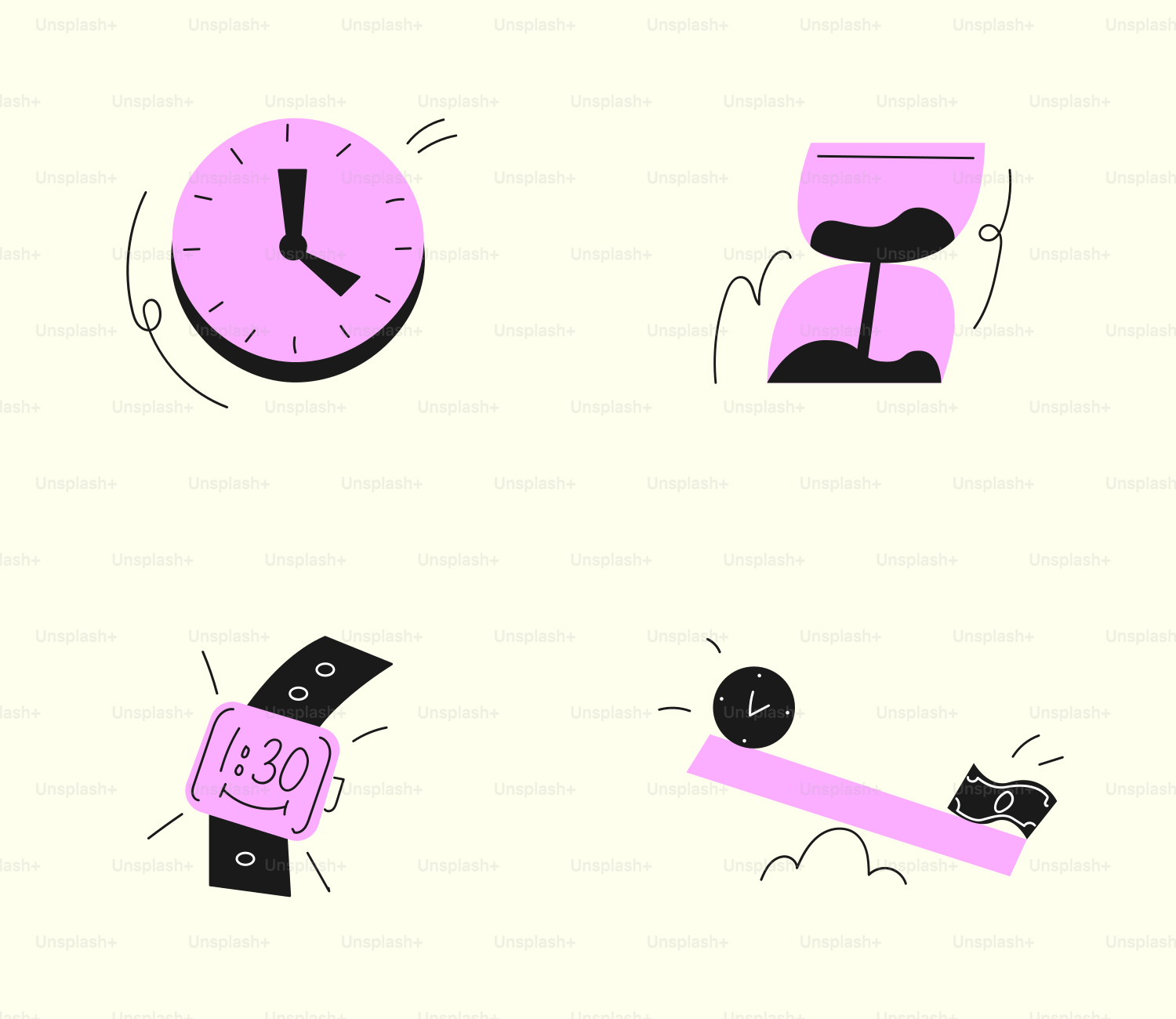 Um conjunto de diferentes tipos de relógios sobre fundo branco