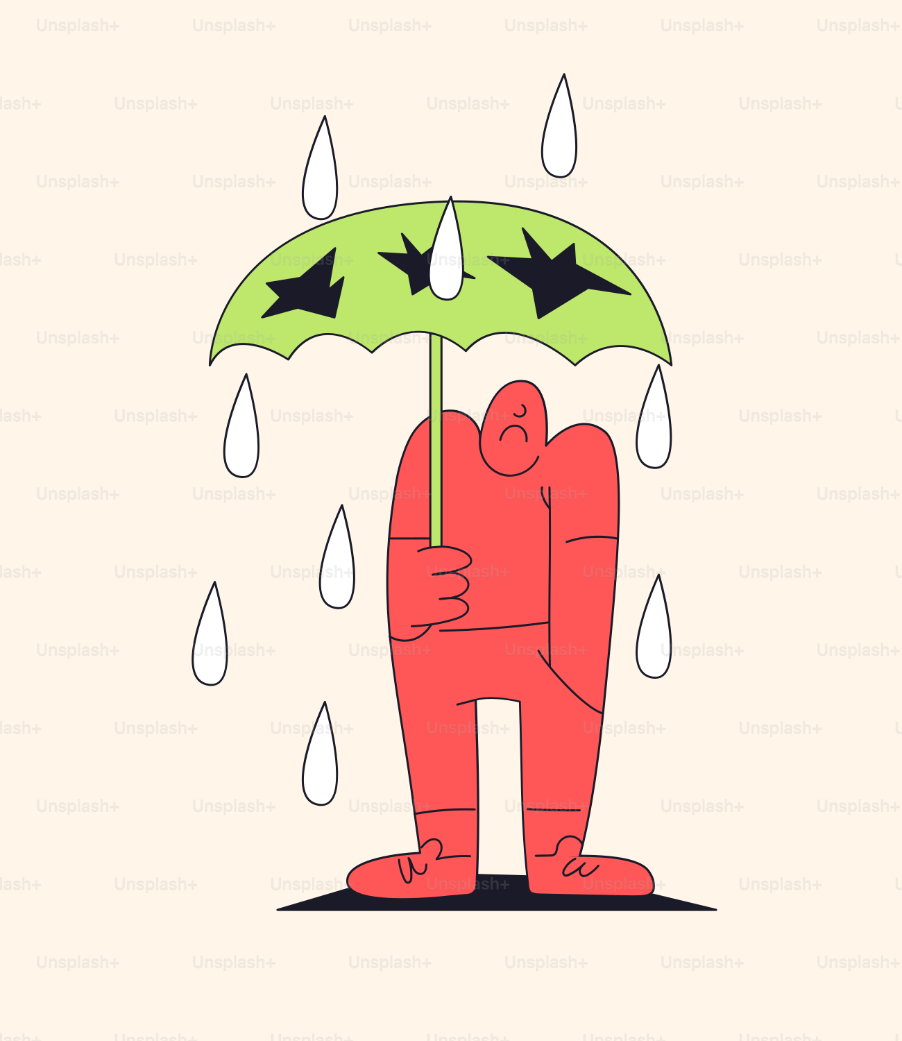 A cartoon character holding an umbrella in the rain