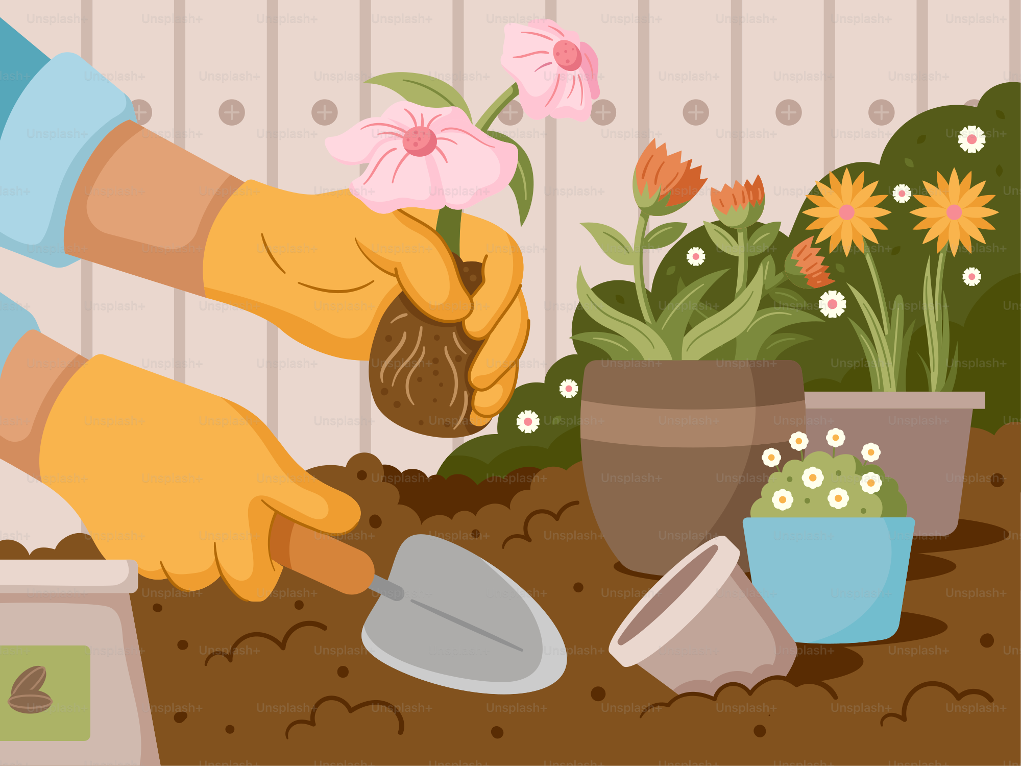 A person in yellow gloves is planting flowers