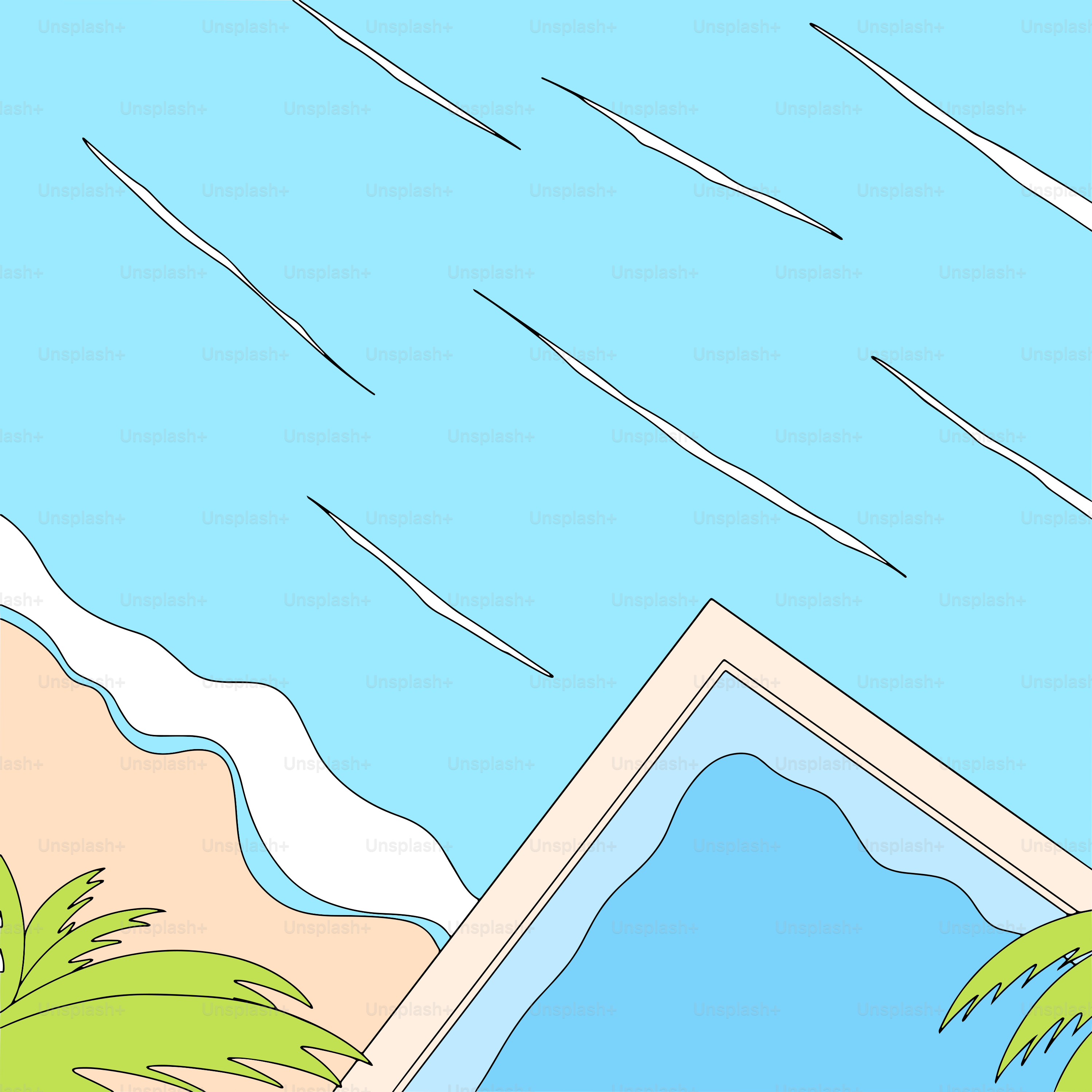 A beach scene with palm trees and a blue sky