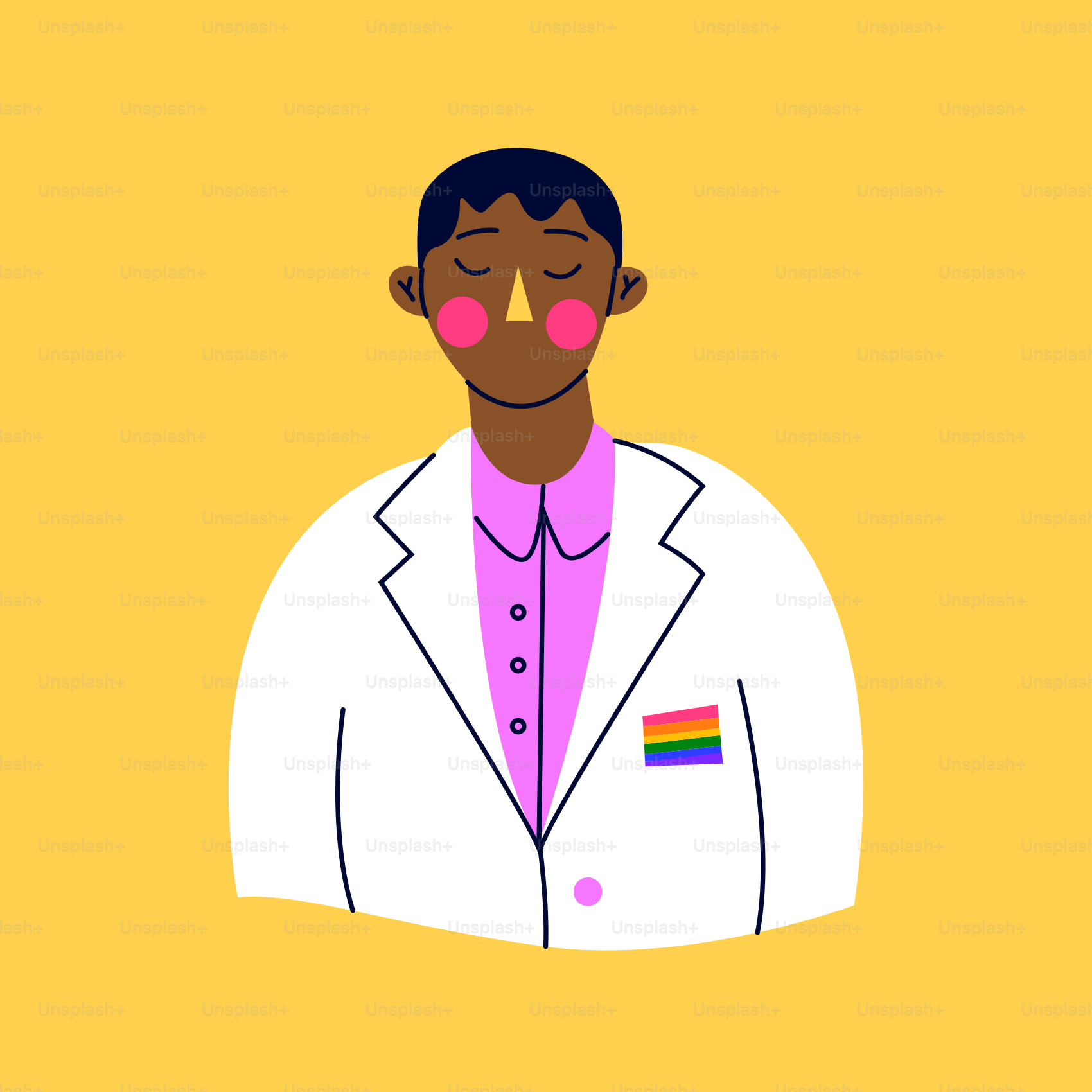 A man in a white jacket with a pink eye patch