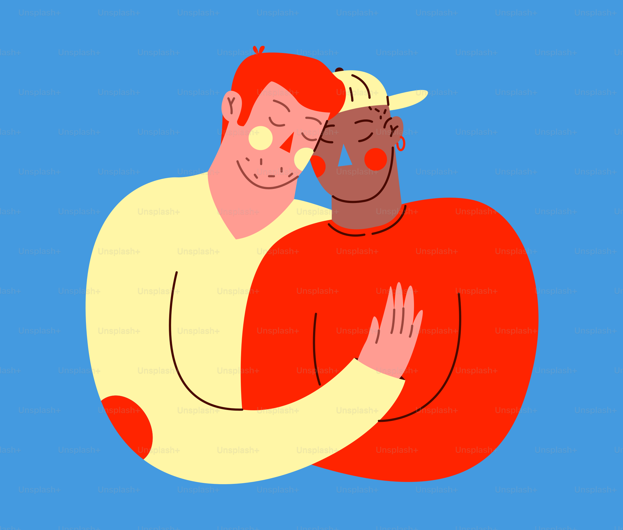 A man hugging another man with a blue background