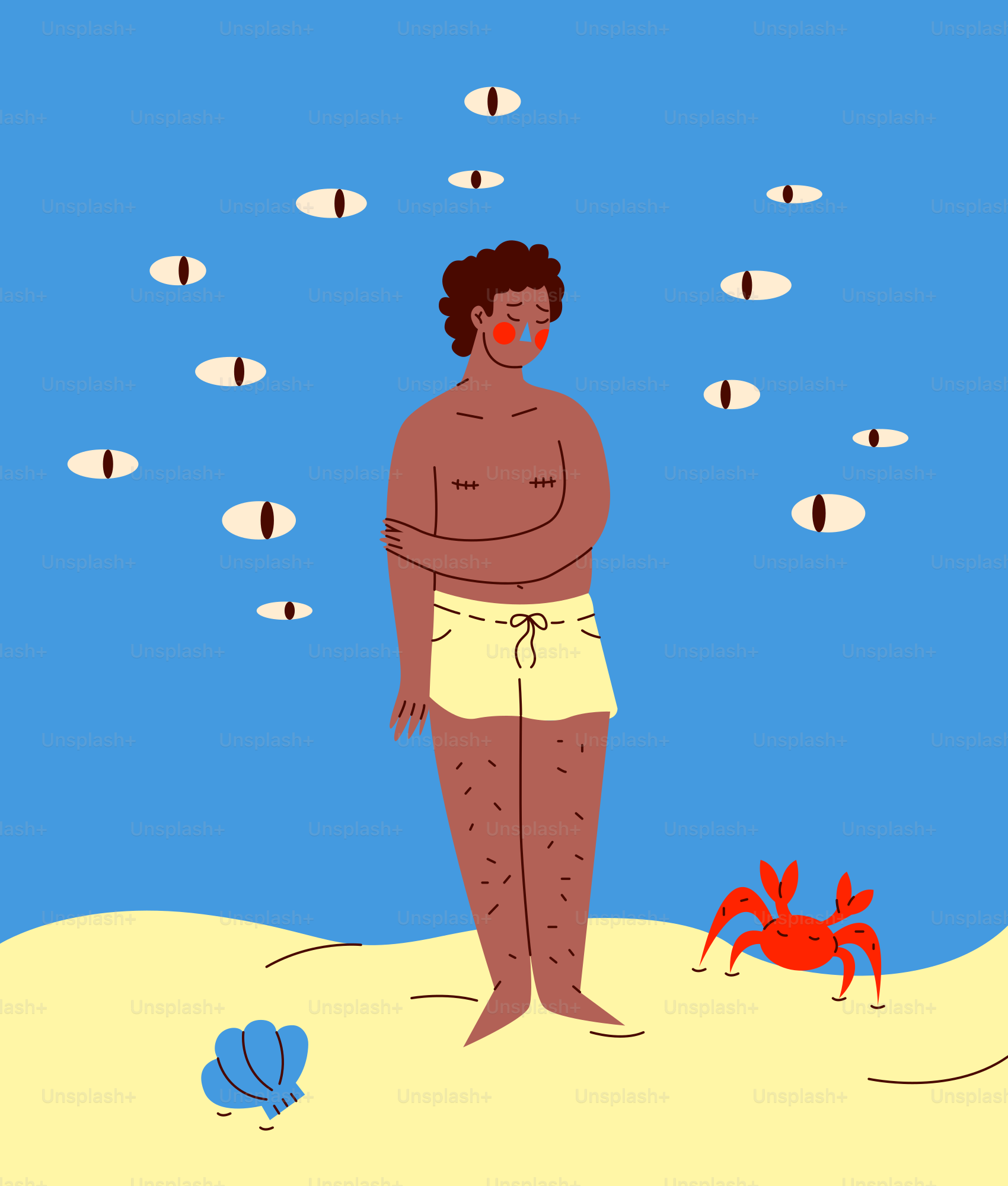 A man standing on a beach next to a crab