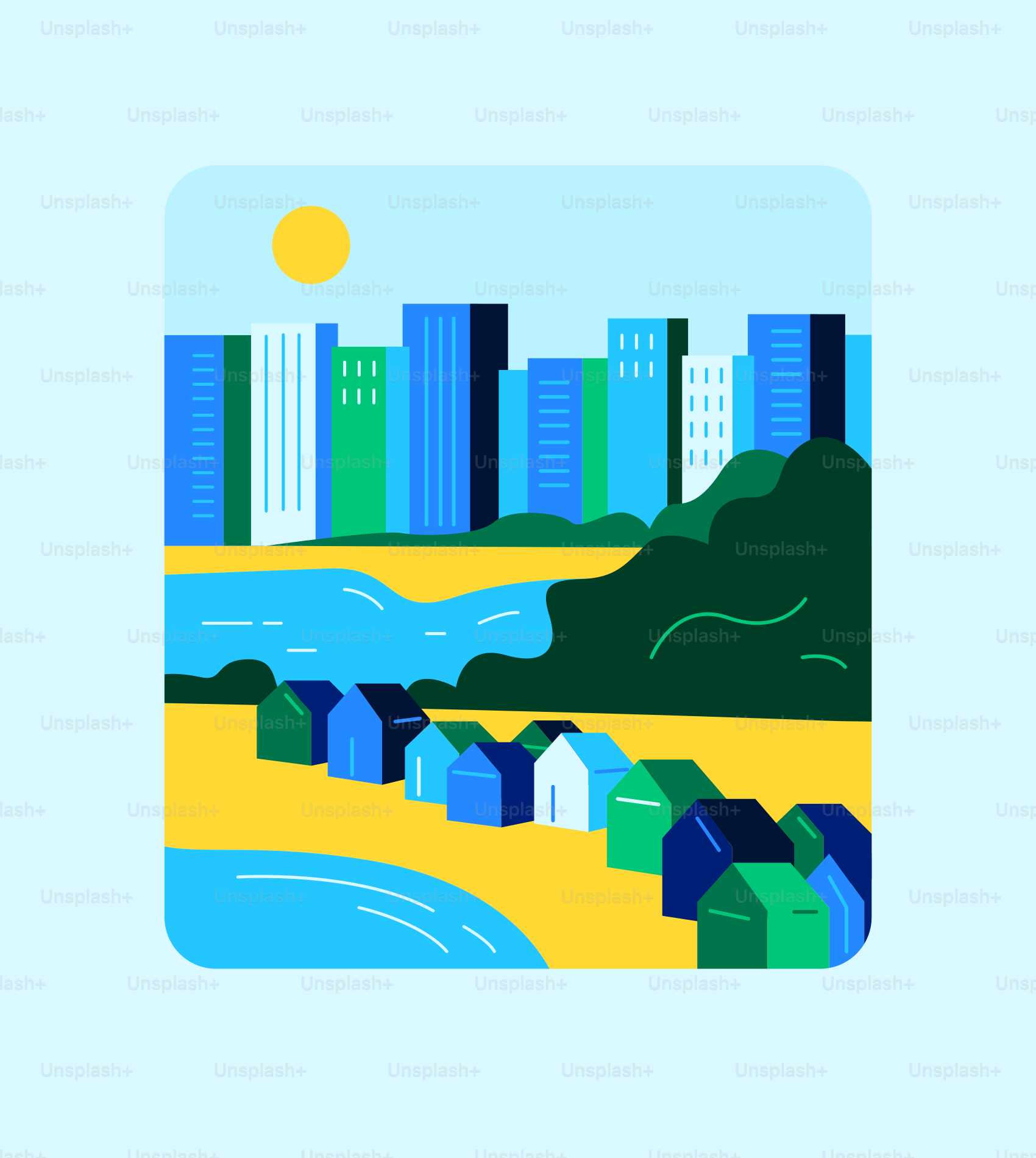 A picture of a city with buildings and a river