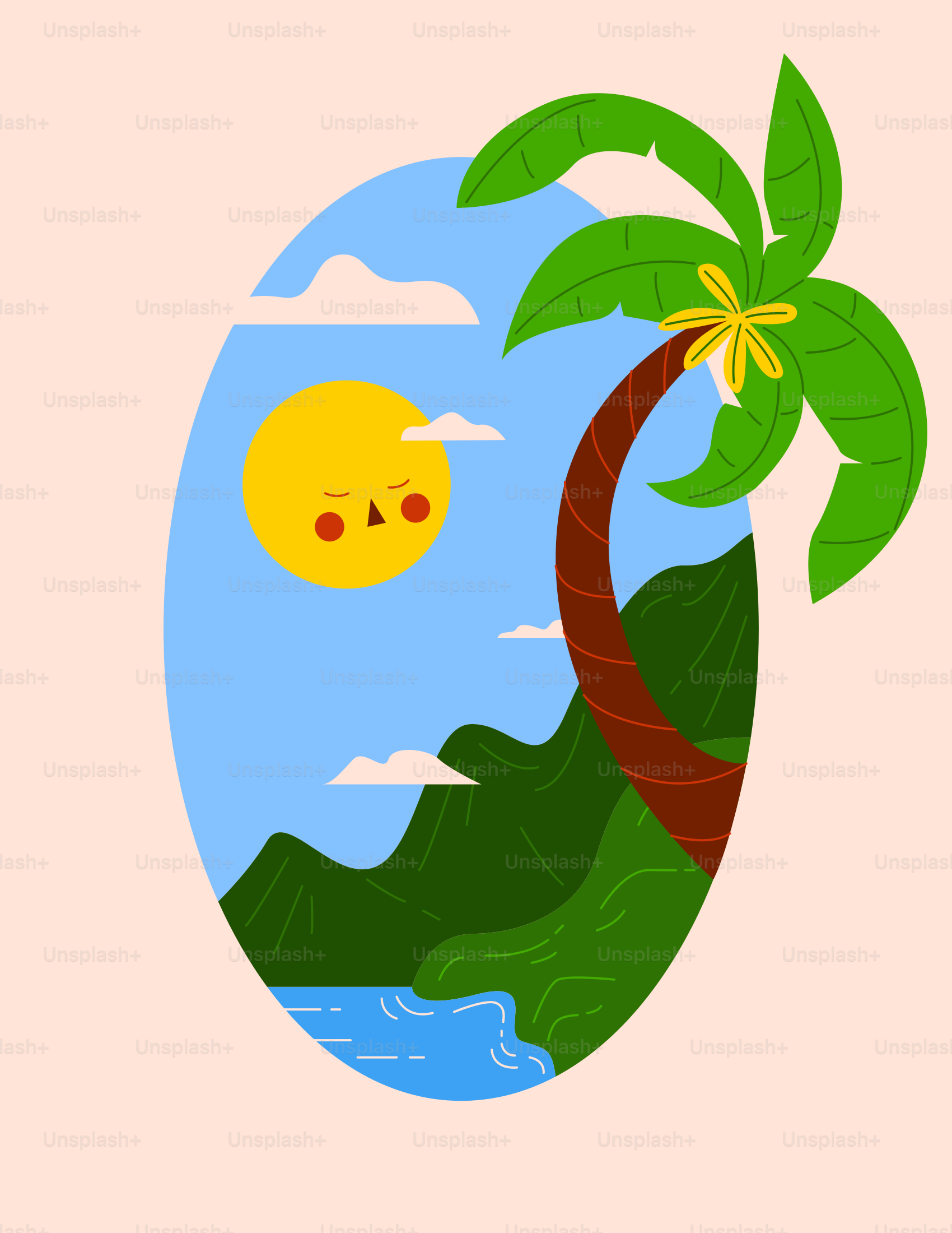 A picture of a palm tree with a sun in the background