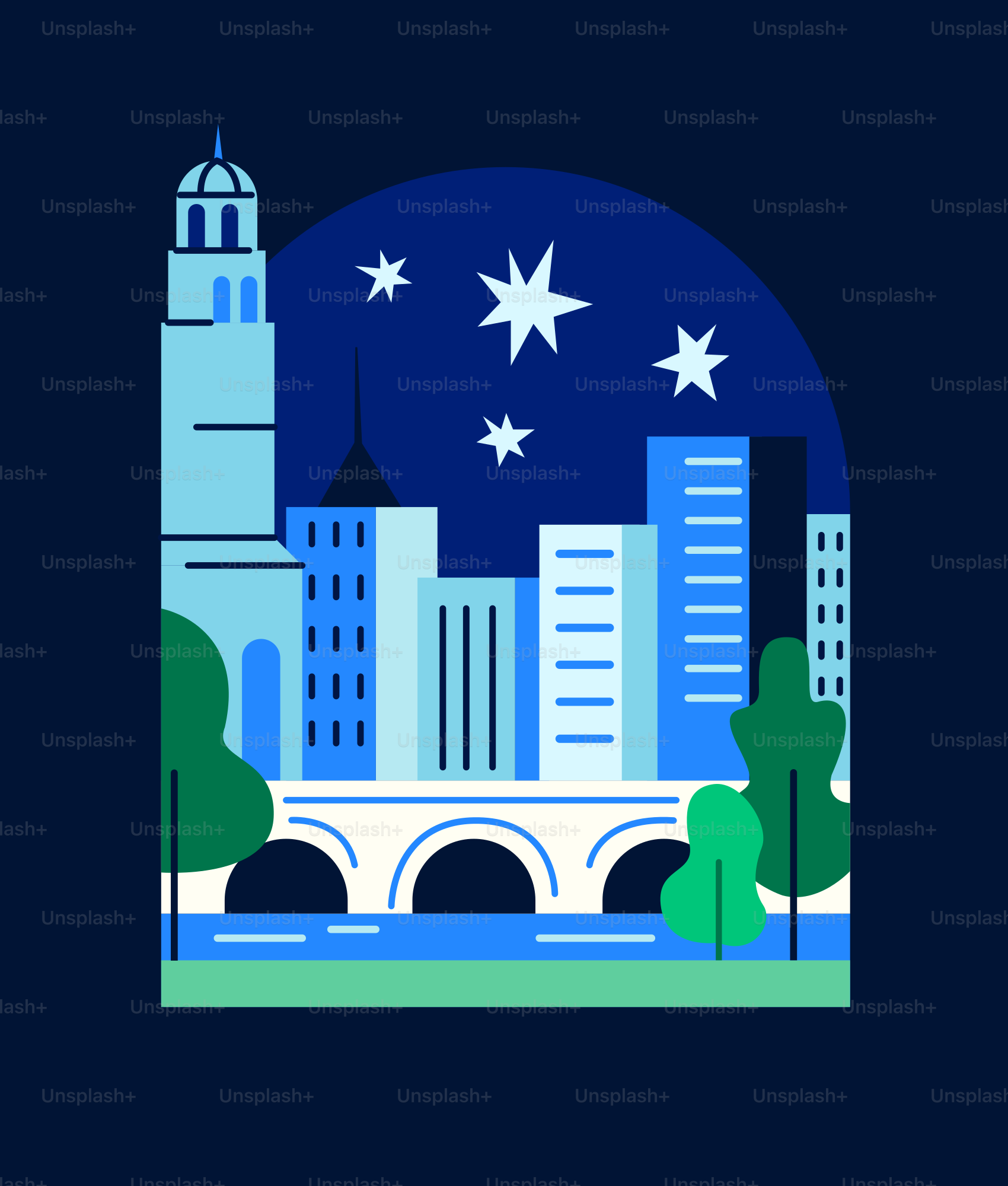 A picture of a city at night with stars in the sky