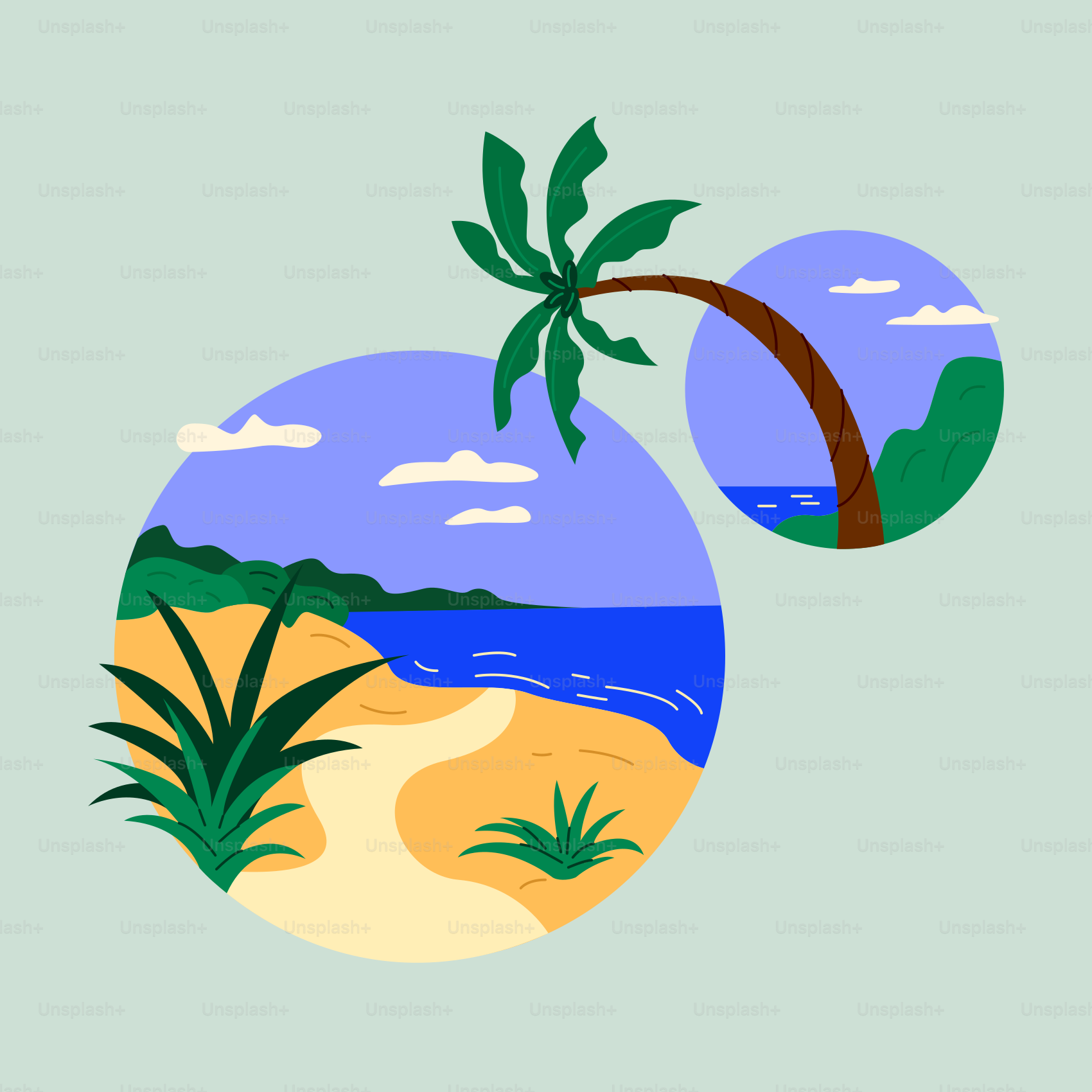 A picture of a beach with a palm tree