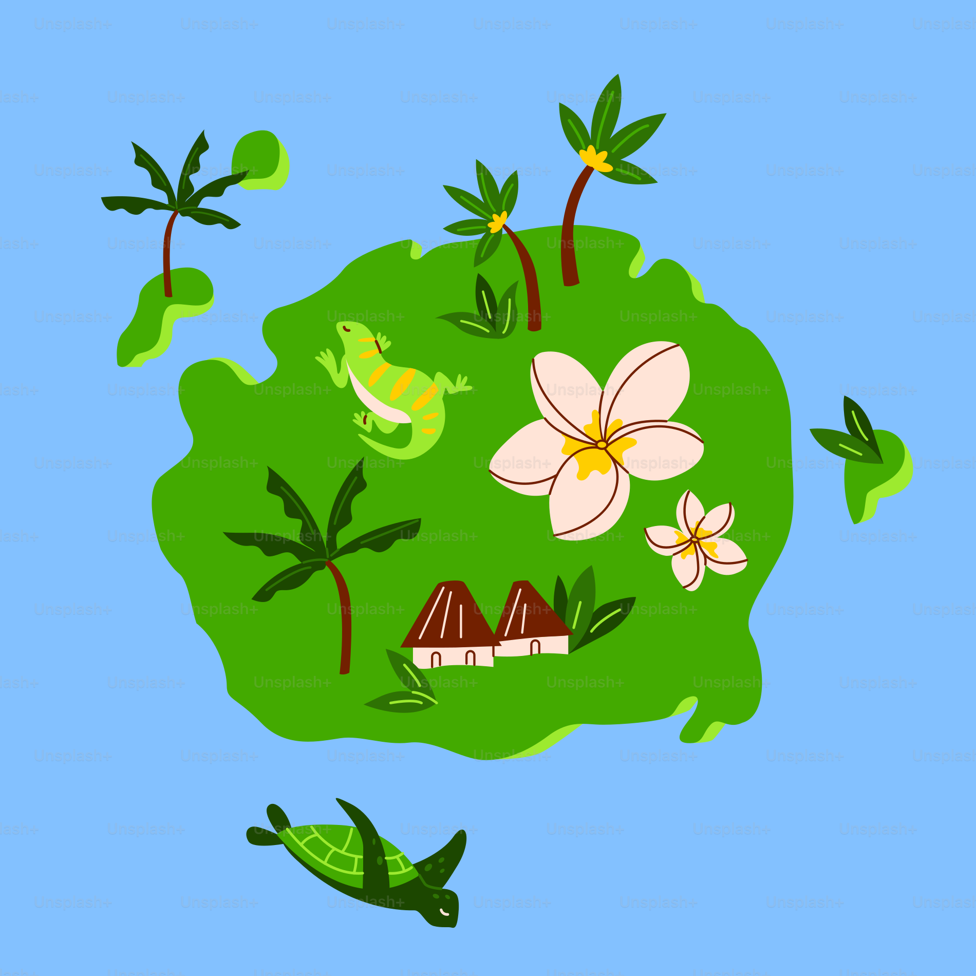 A picture of a green island with flowers and a frog