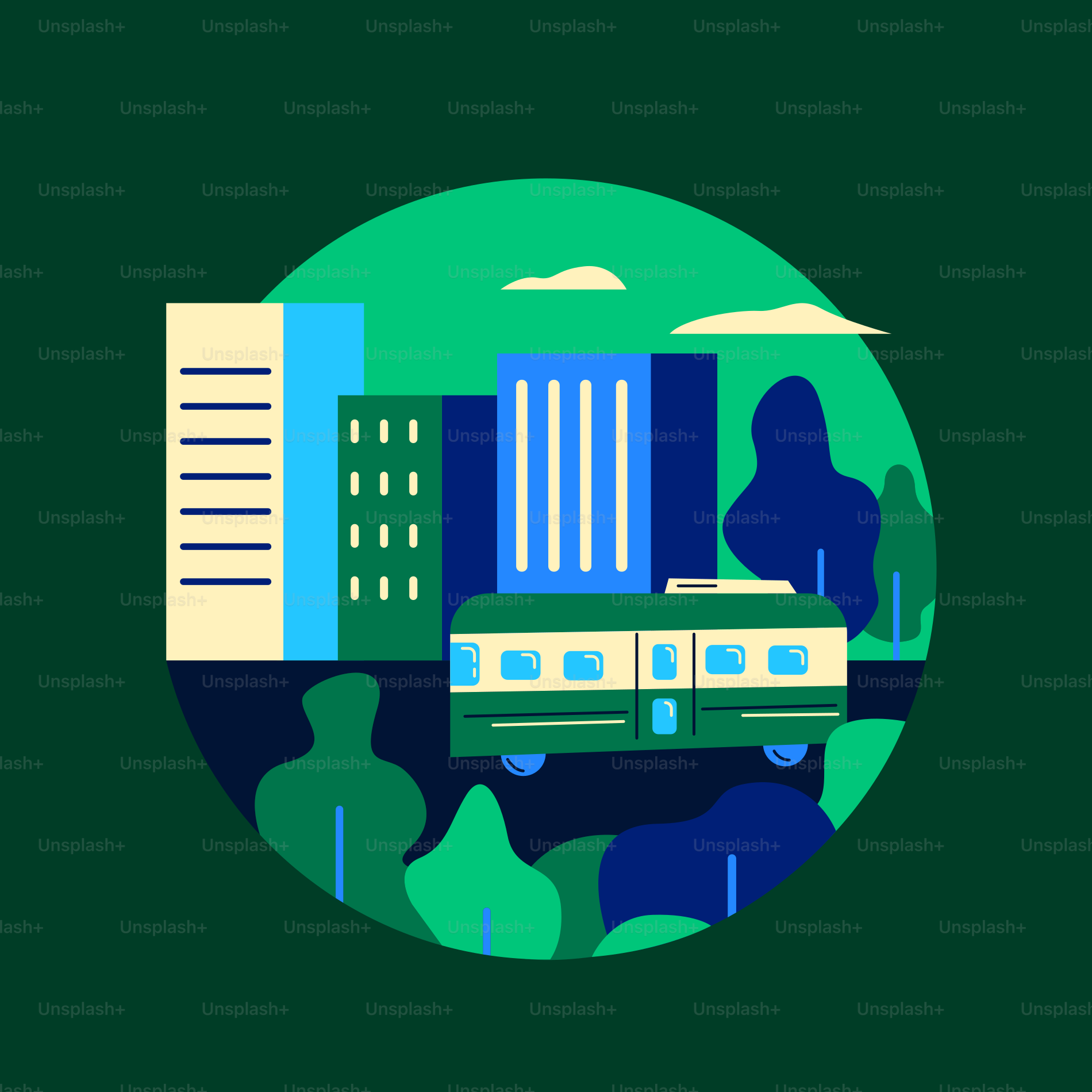 A green background with a picture of a building and trees