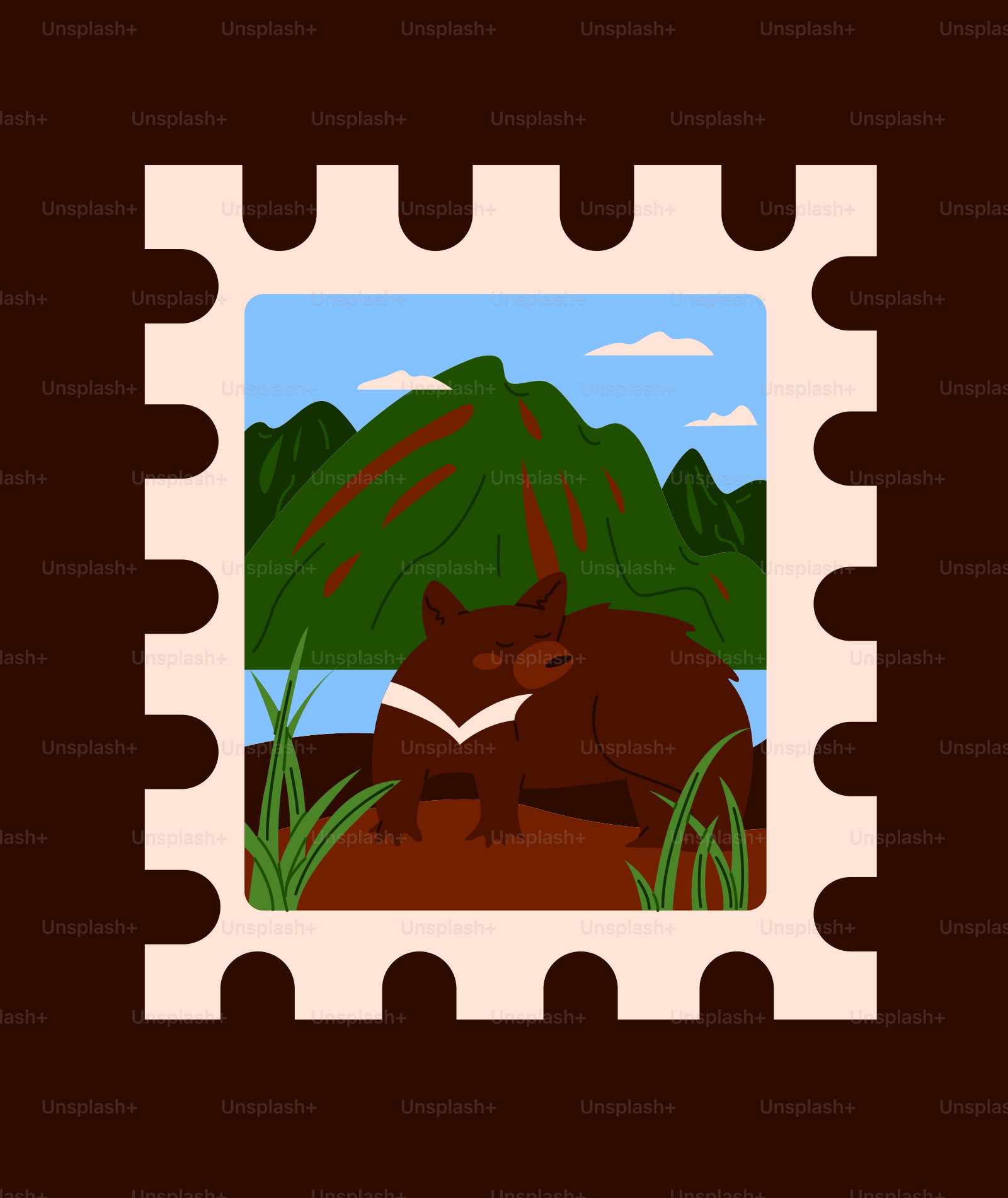 A stamp with a bear reading a book