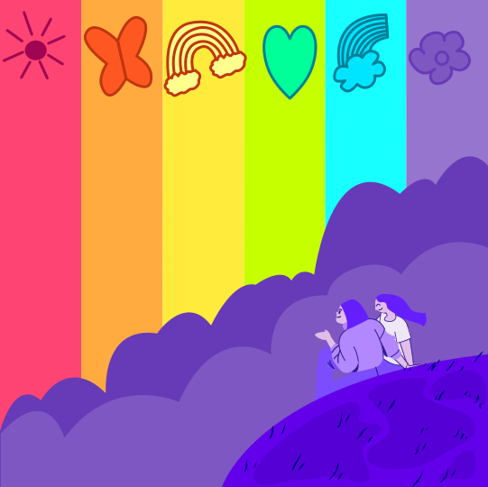 A cat is sitting on a hill in front of a rainbow