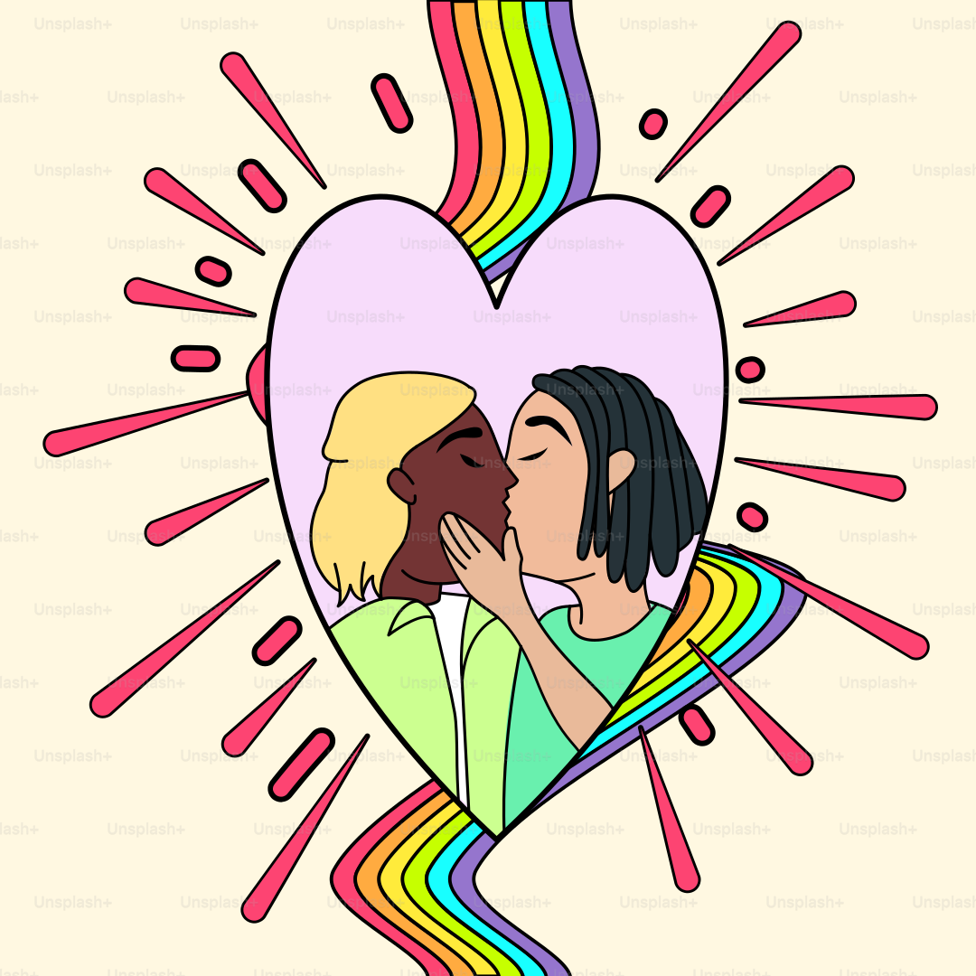 A woman kissing a man in front of a heart