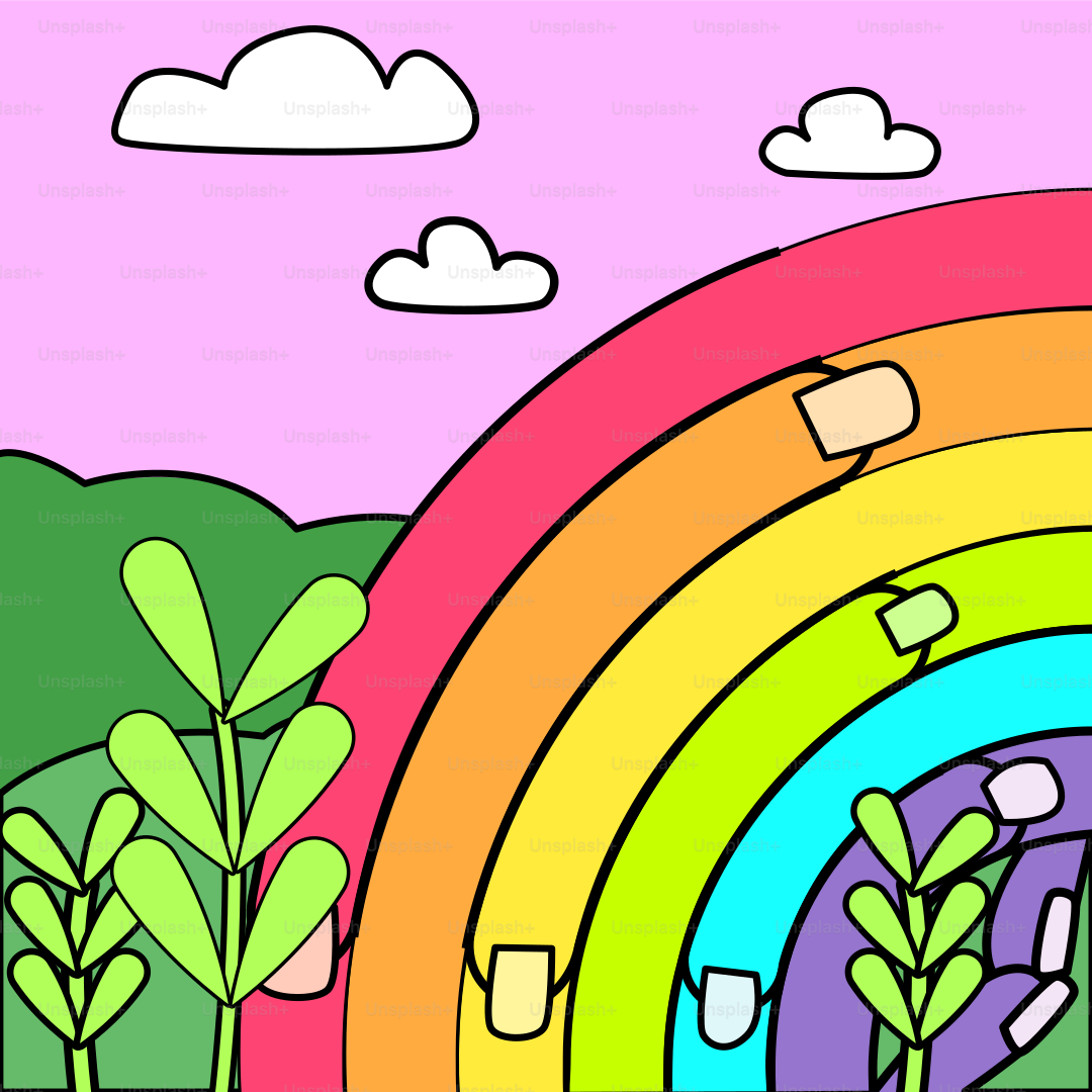 A drawing of a rainbow with trees and clouds in the background