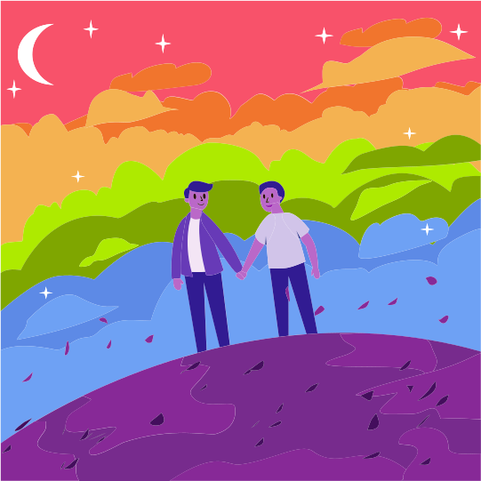 A couple of men standing on top of a hill
