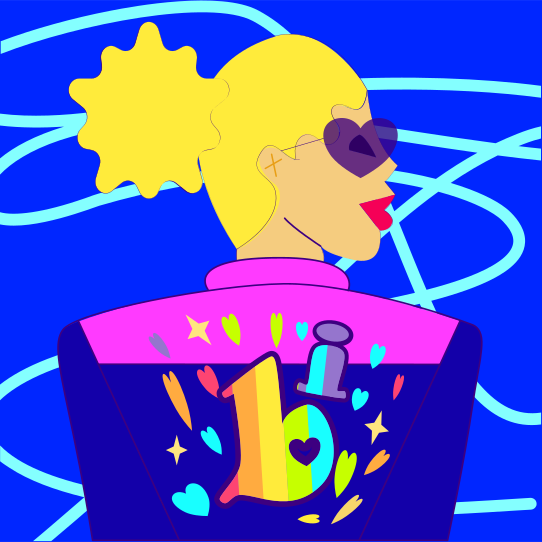 A cartoon of a woman with sunglasses on her head