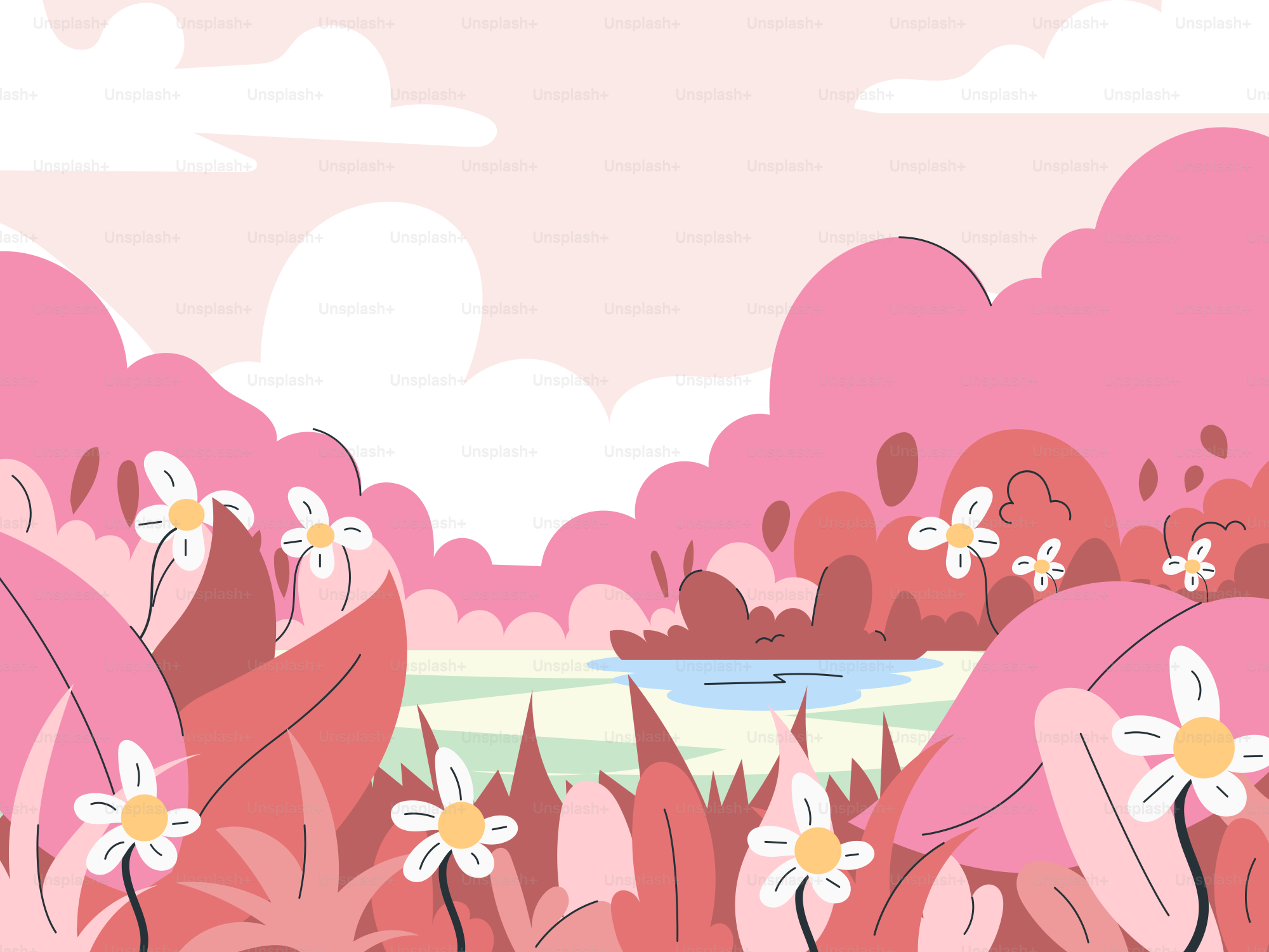 A pink landscape with flowers in the foreground and a body of water in the