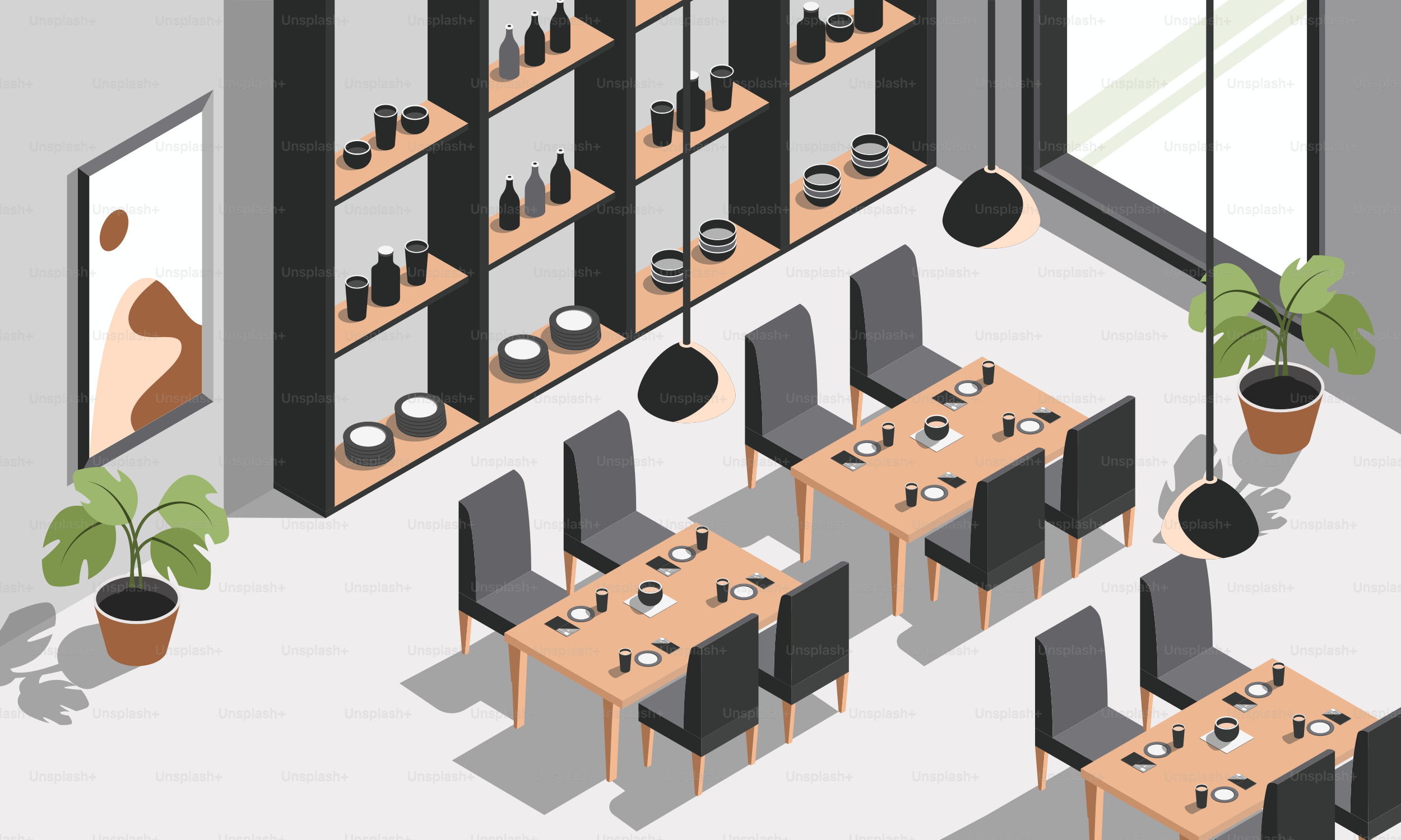 Ein Speisesaal mit Tischen, Stühlen und einem Bücherregal