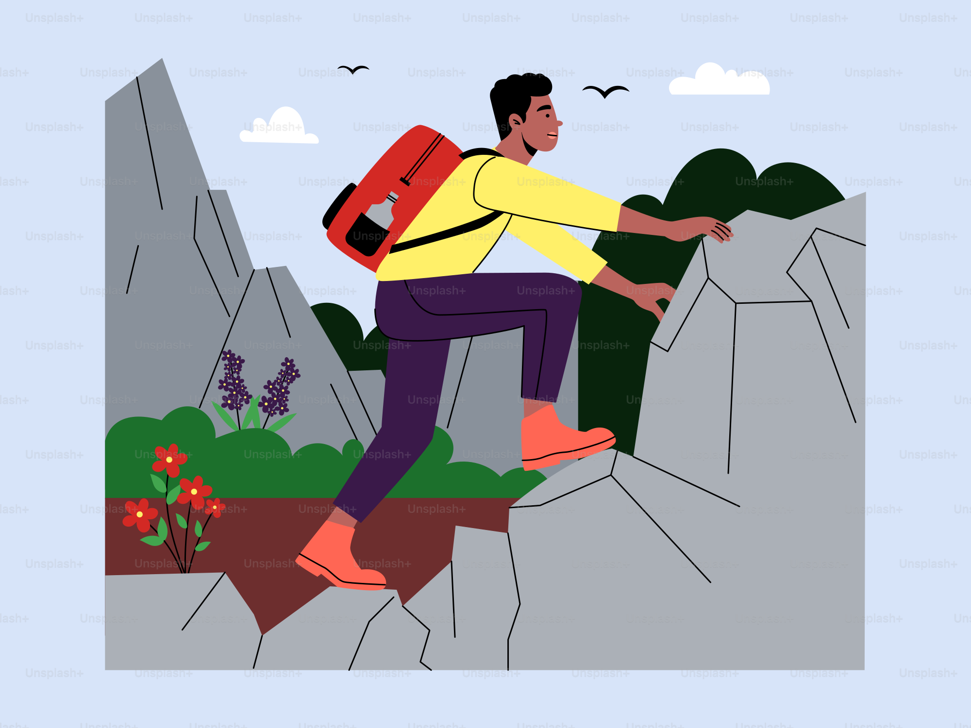 A man with a backpack climbing up a mountain