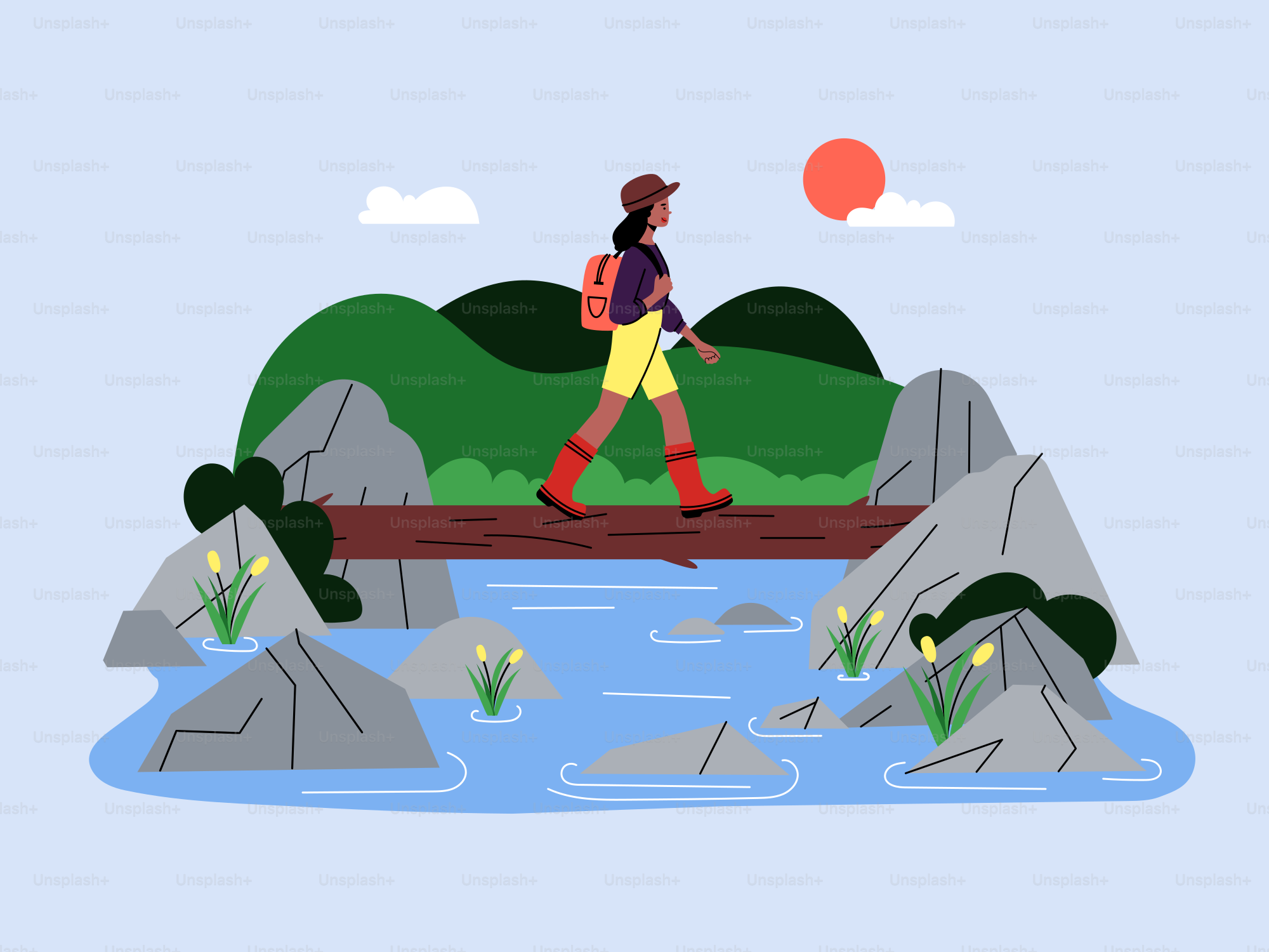 A woman walking across a bridge over a river