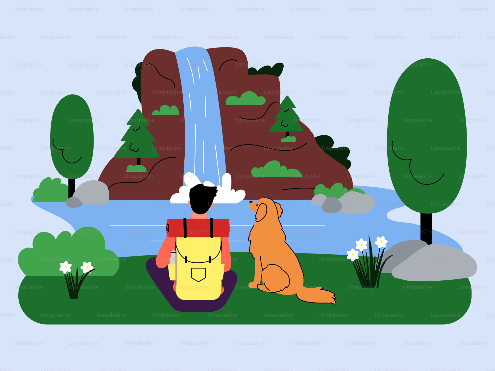 A person with a backpack and a dog in front of a waterfall