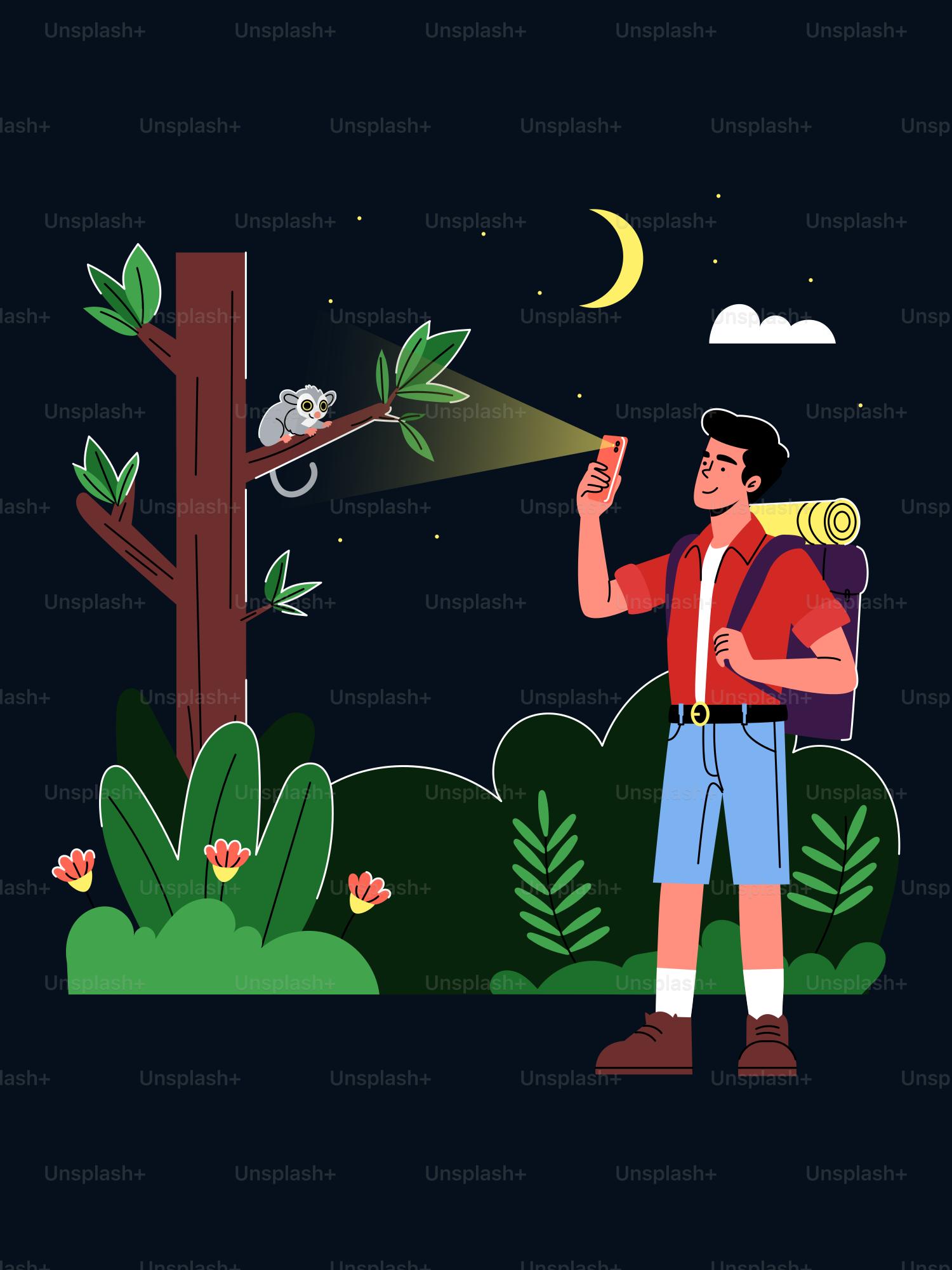 A man with a backpack looking at a bird on a tree