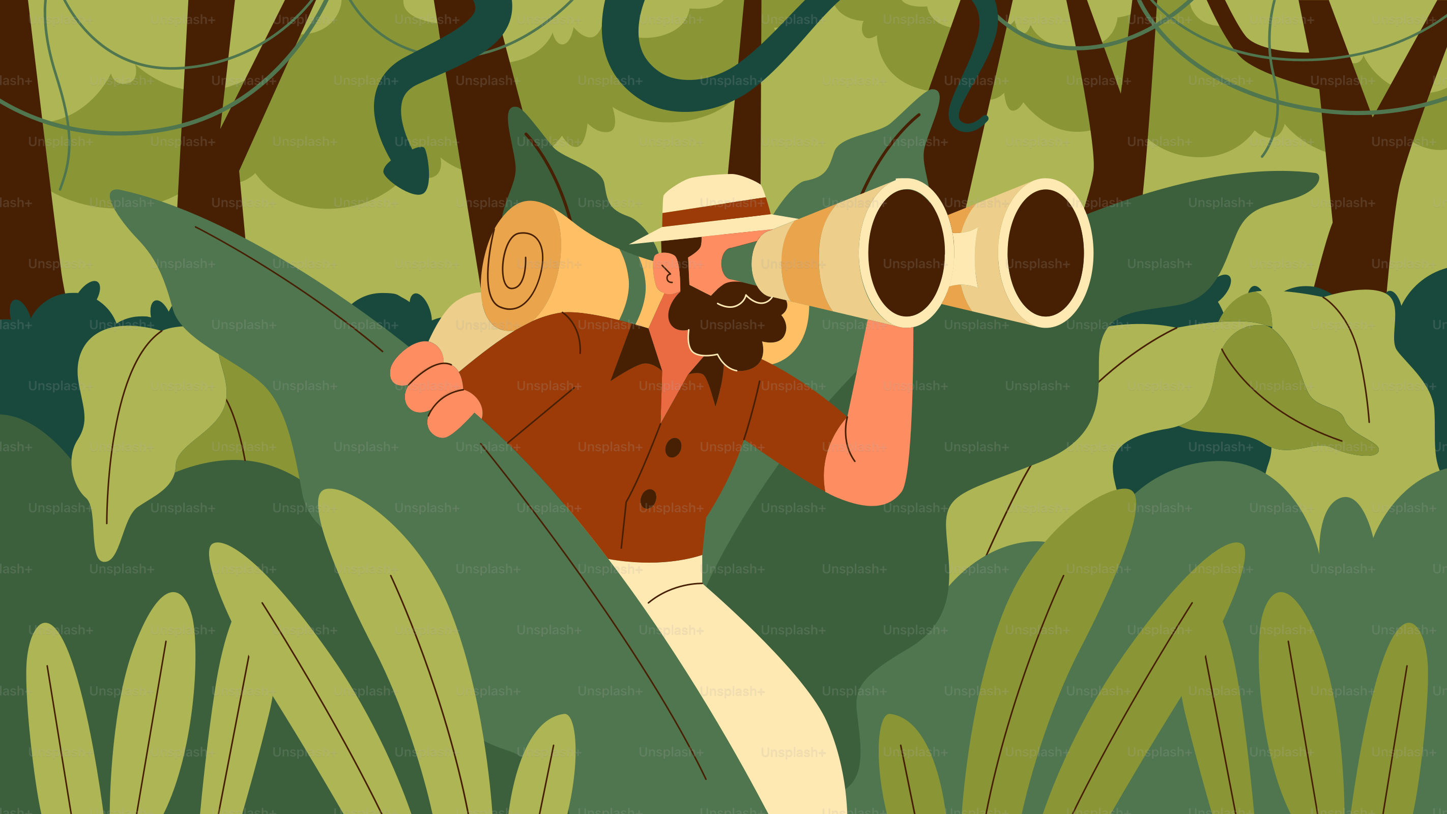A man is looking through binoculars in the woods