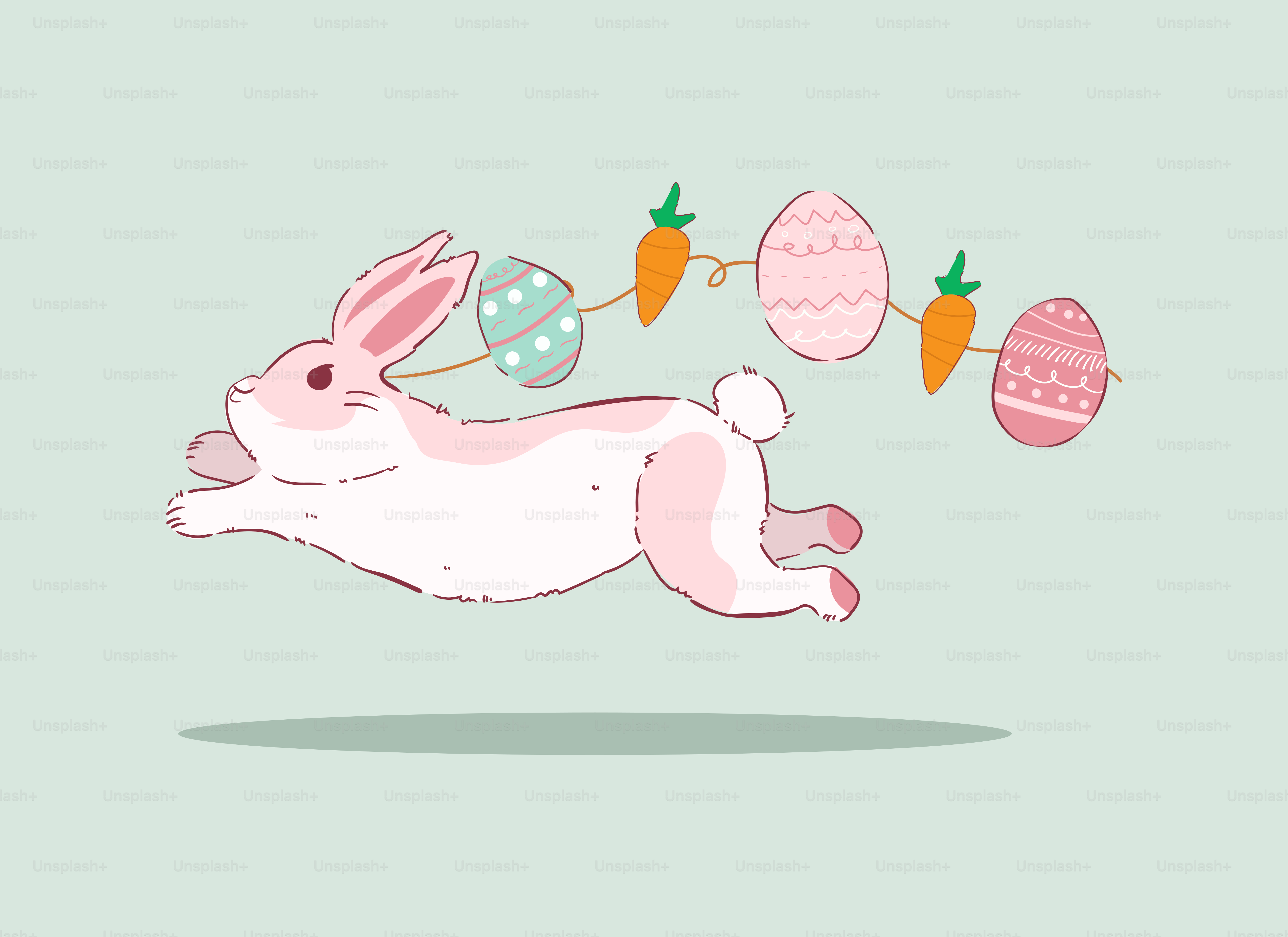 Un lapin vole dans les airs avec des œufs et des carottes