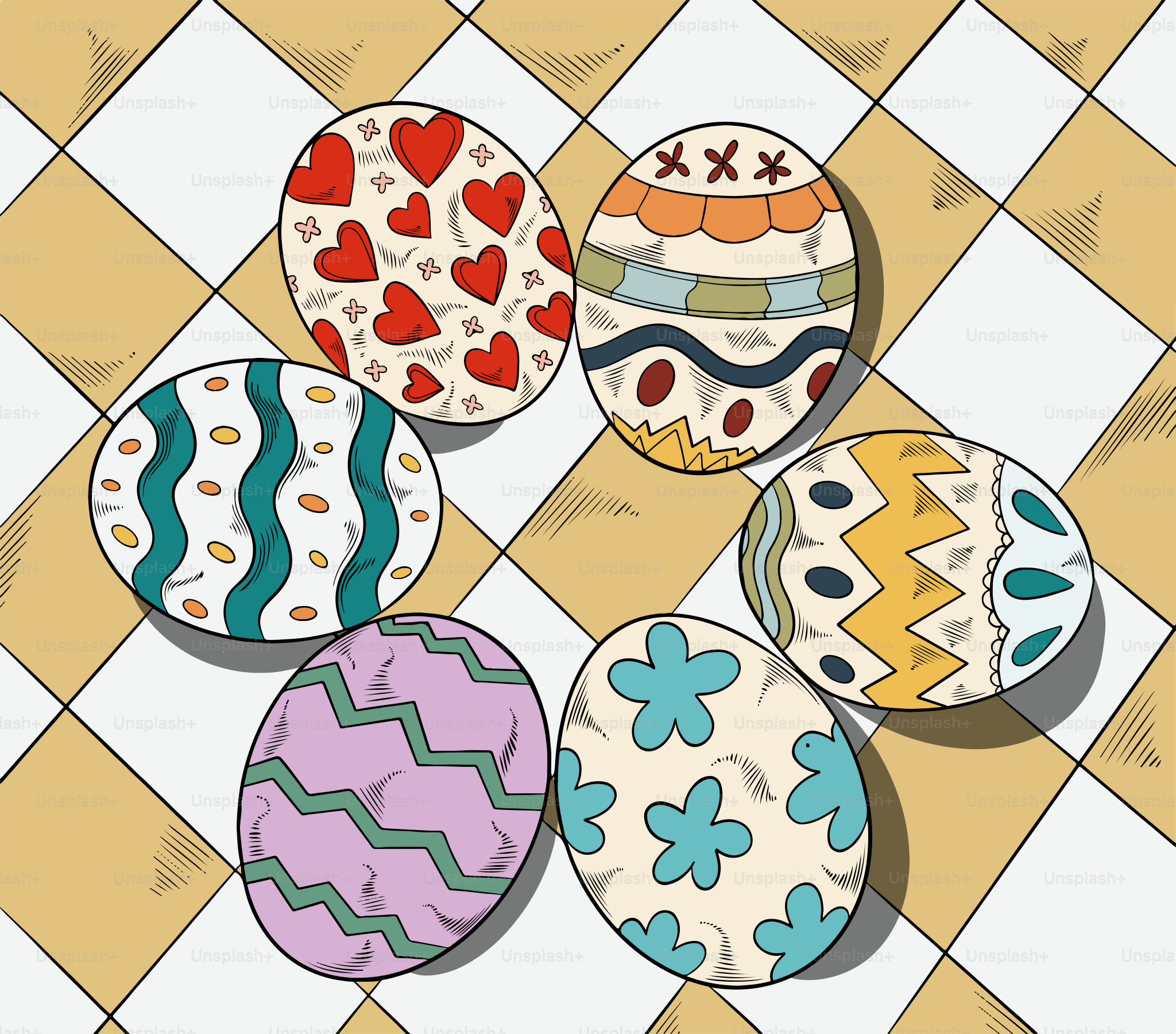 A group of eggs sitting on top of a checkered floor