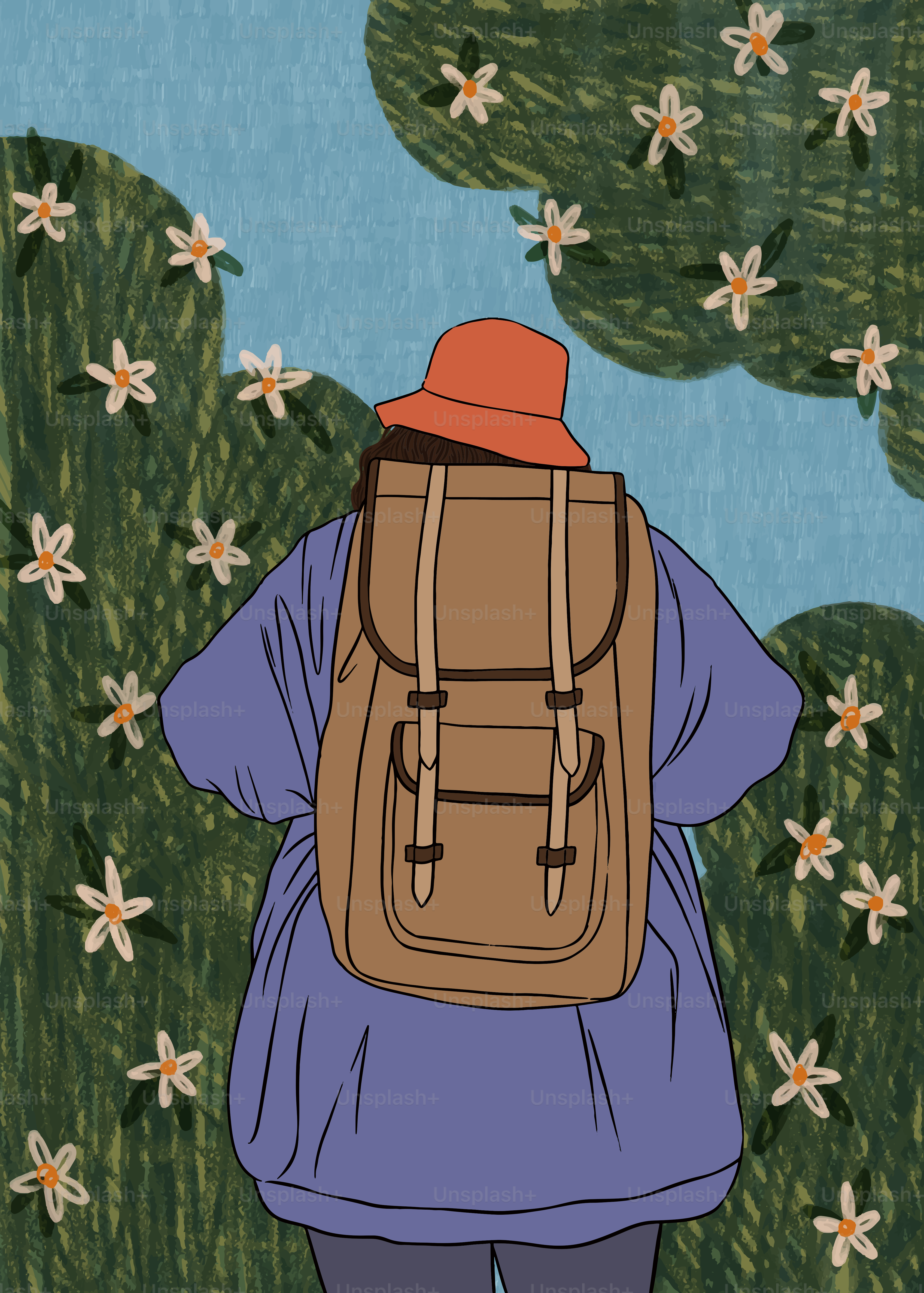 A drawing of a person with a backpack