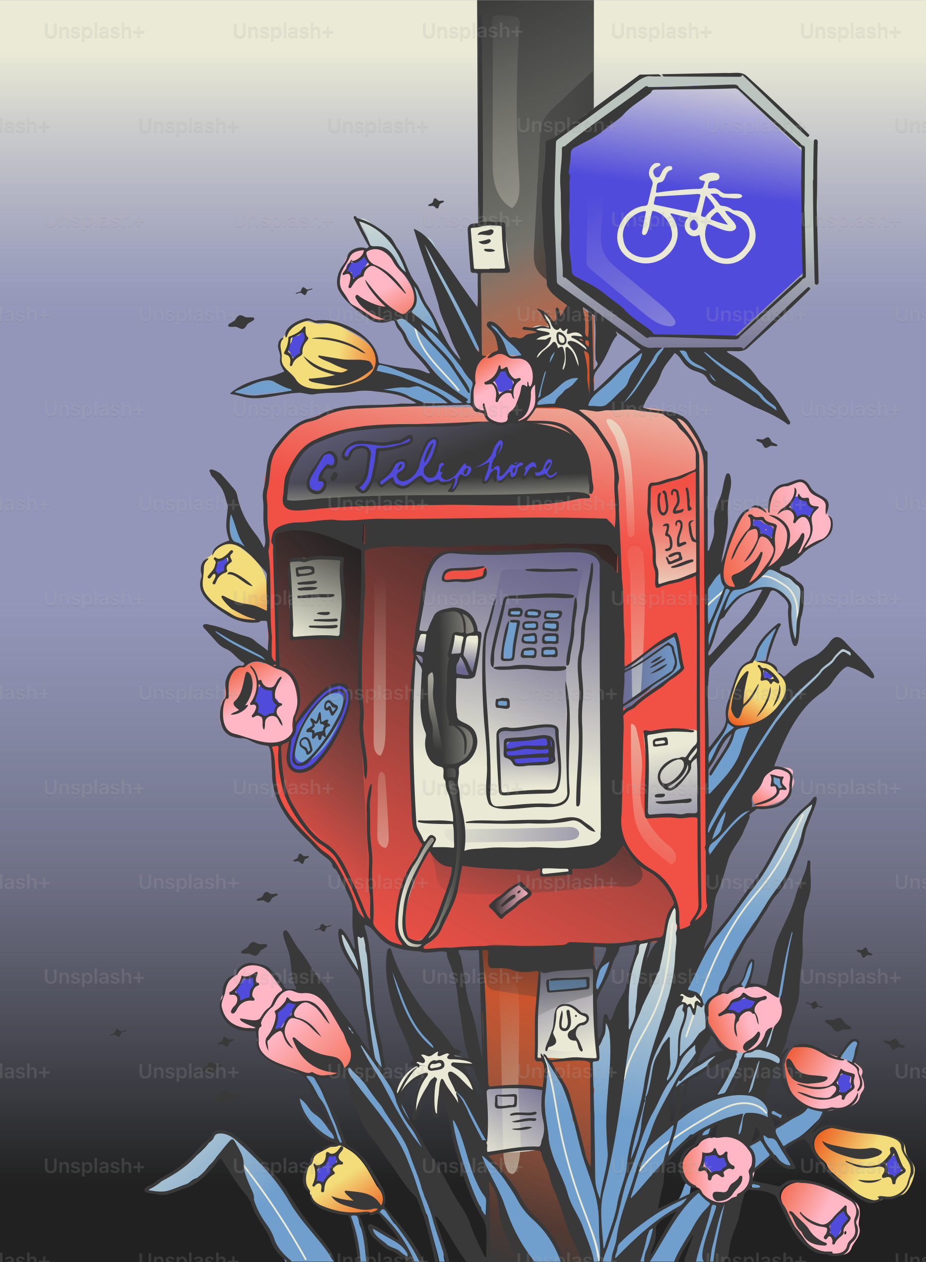 Zeichnung eines Verkaufsautomaten mit einem Fahrrad darauf