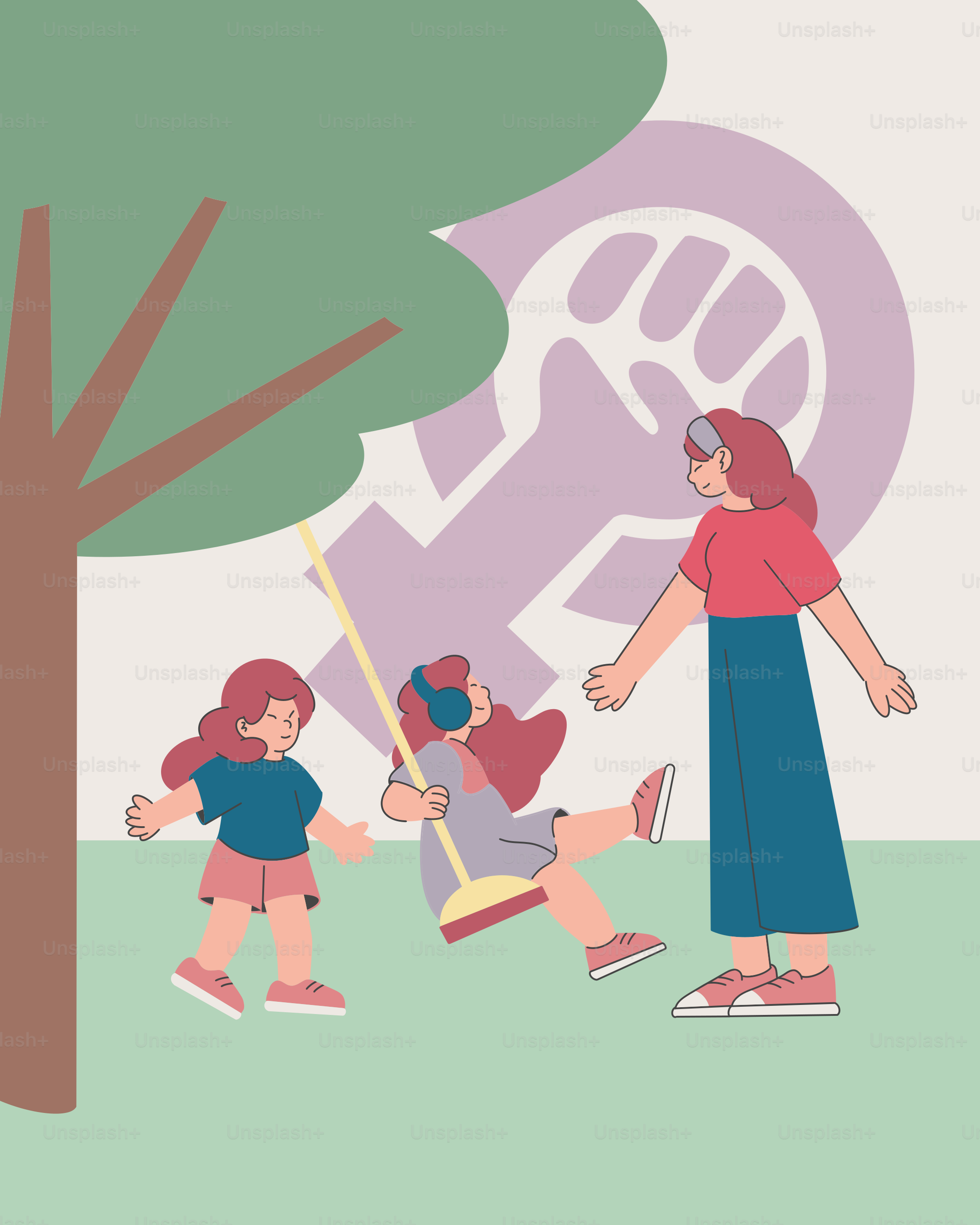 Une femme et deux enfants jouant dans un parc