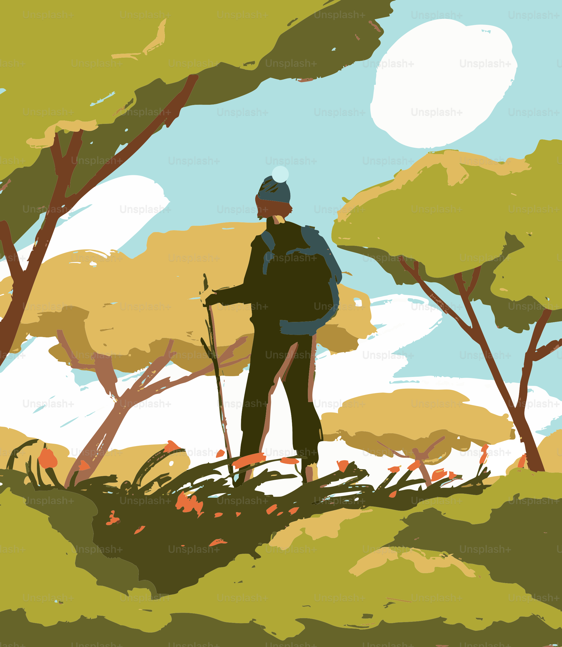 A painting of a man with a backpack on a hill