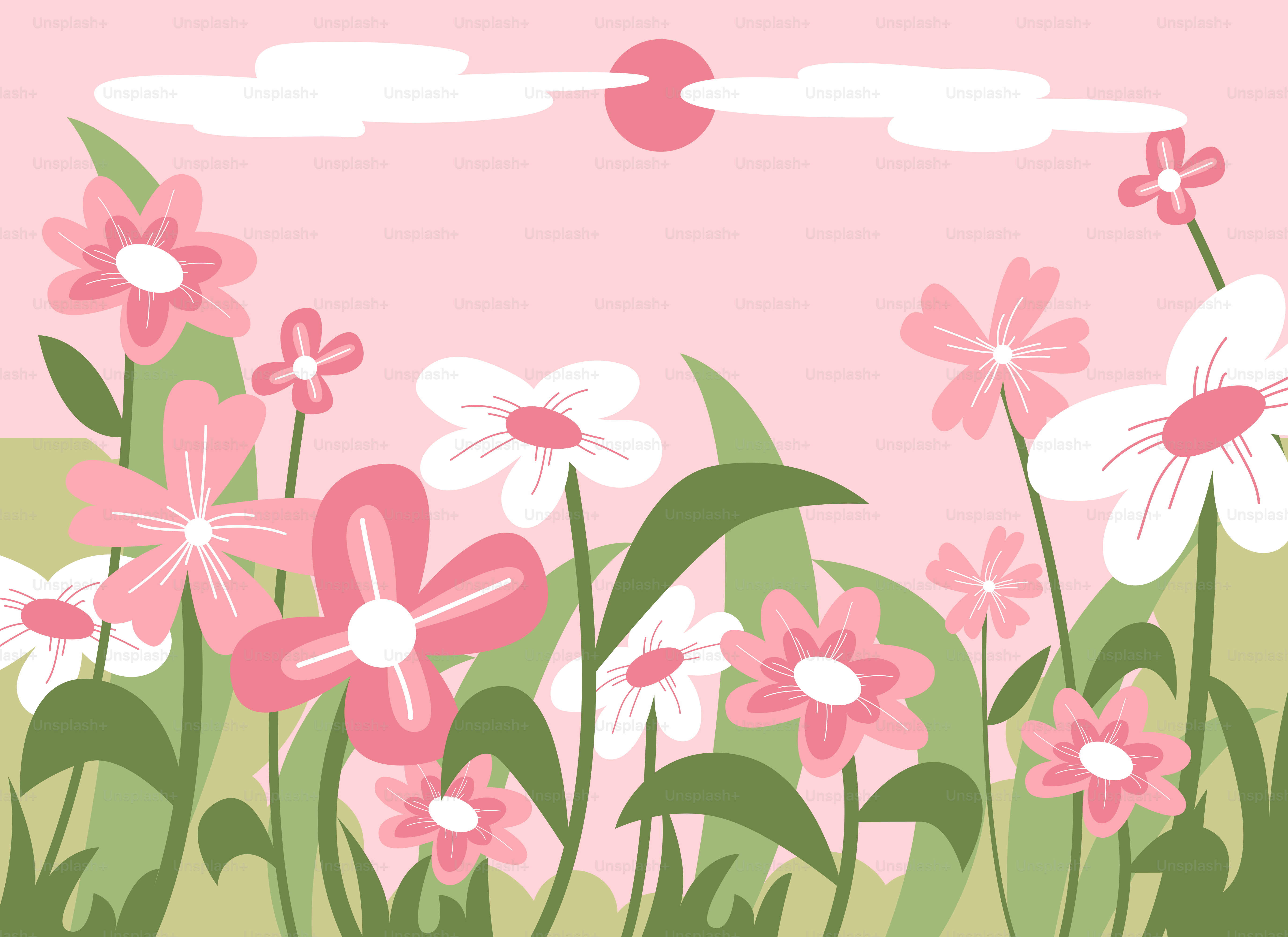 A field of flowers with a sky in the background